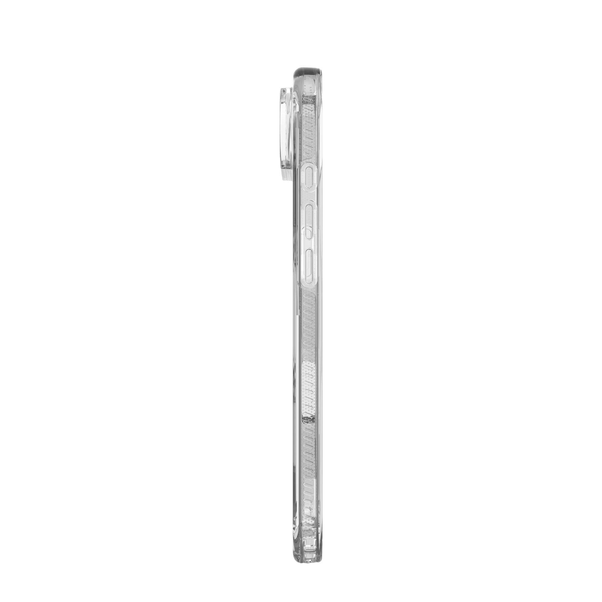Une coque de téléphone transparente est montrée de côté. Elle est en plastique et possède une découpe pour la caméra.