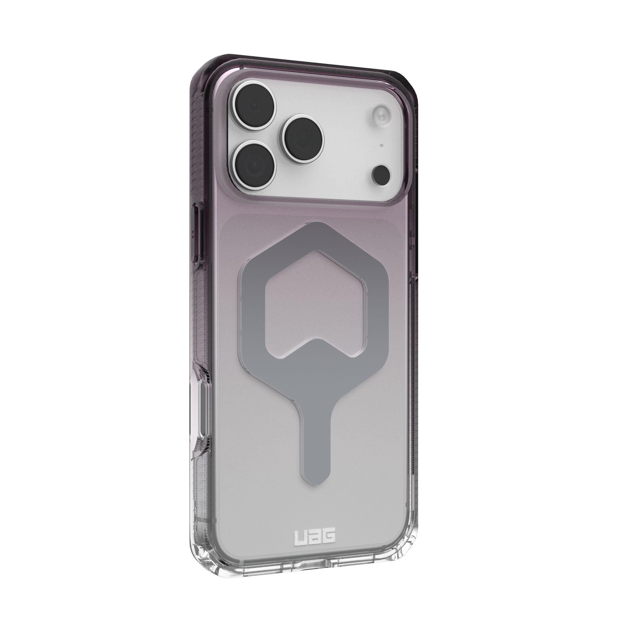 Funda transparente con diseño gris. Tiene borde morado y tres agujeros para la cámara en la esquina superior izquierda.