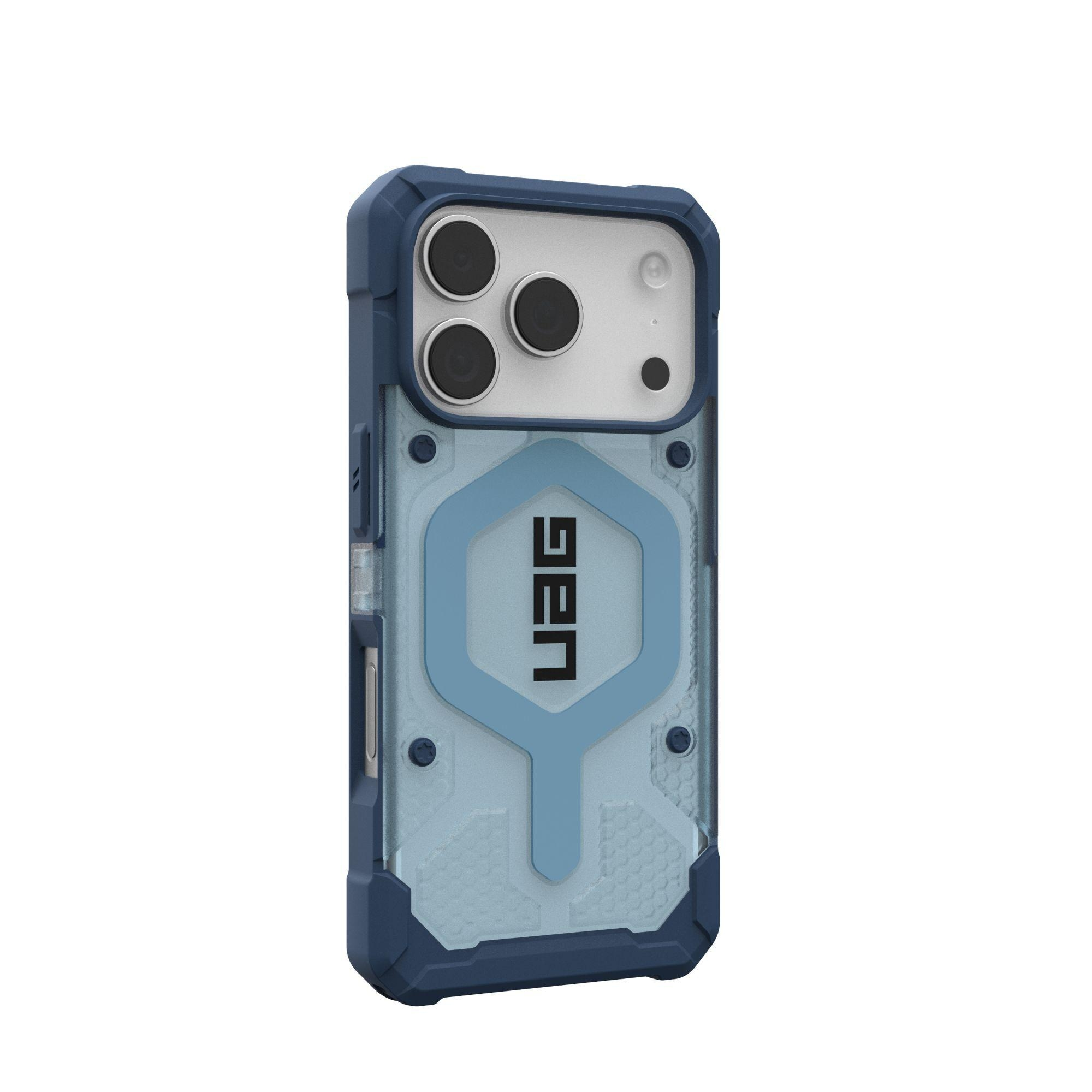Etui na telefon w niebieskim i błękitnym designie. Etui ma logo UAG i chroni aparat telefoniczny.