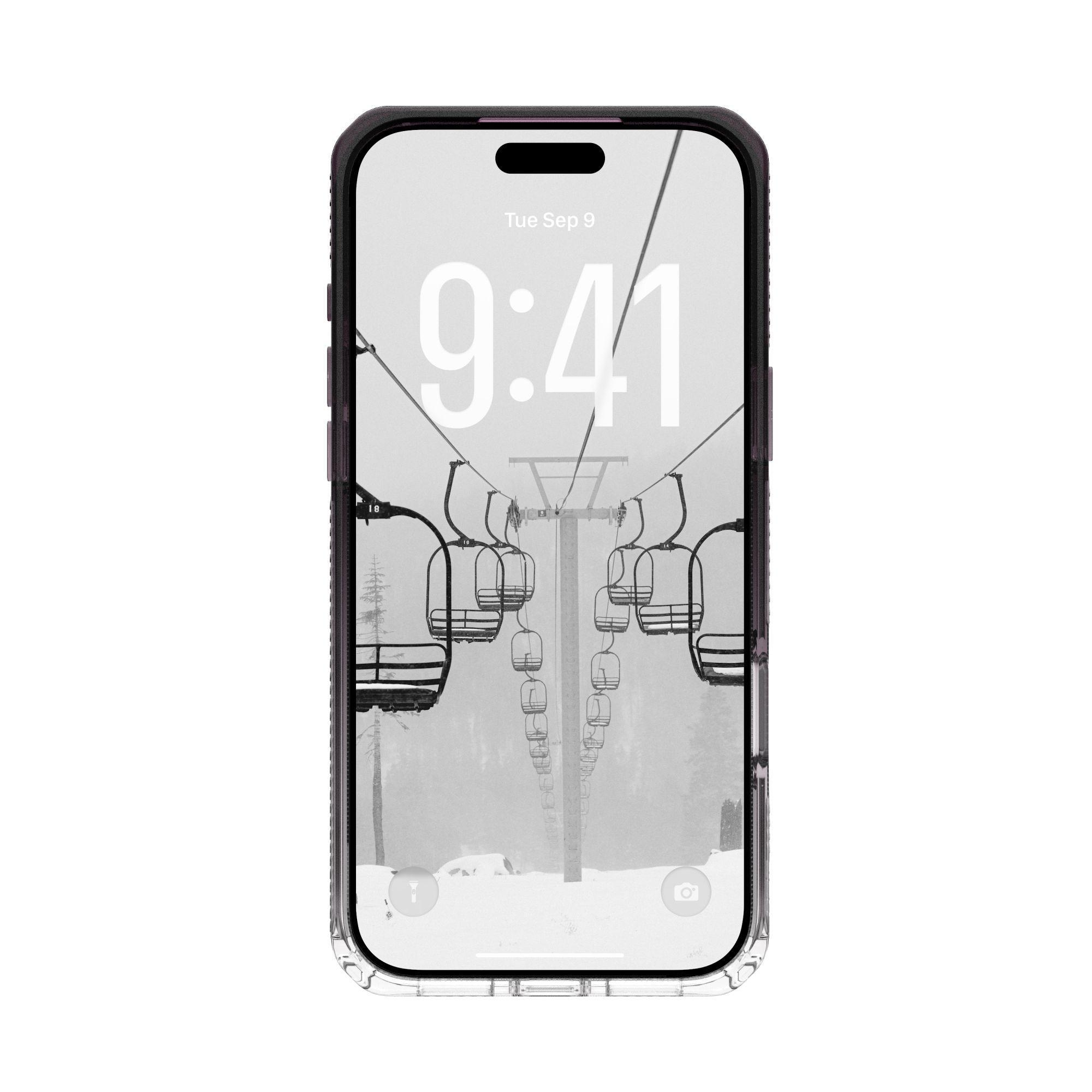 Un teléfono muestra una escena nevada de telesilla. La hora es 9:41 del martes 9 de septiembre. El teléfono está en una funda transparente.