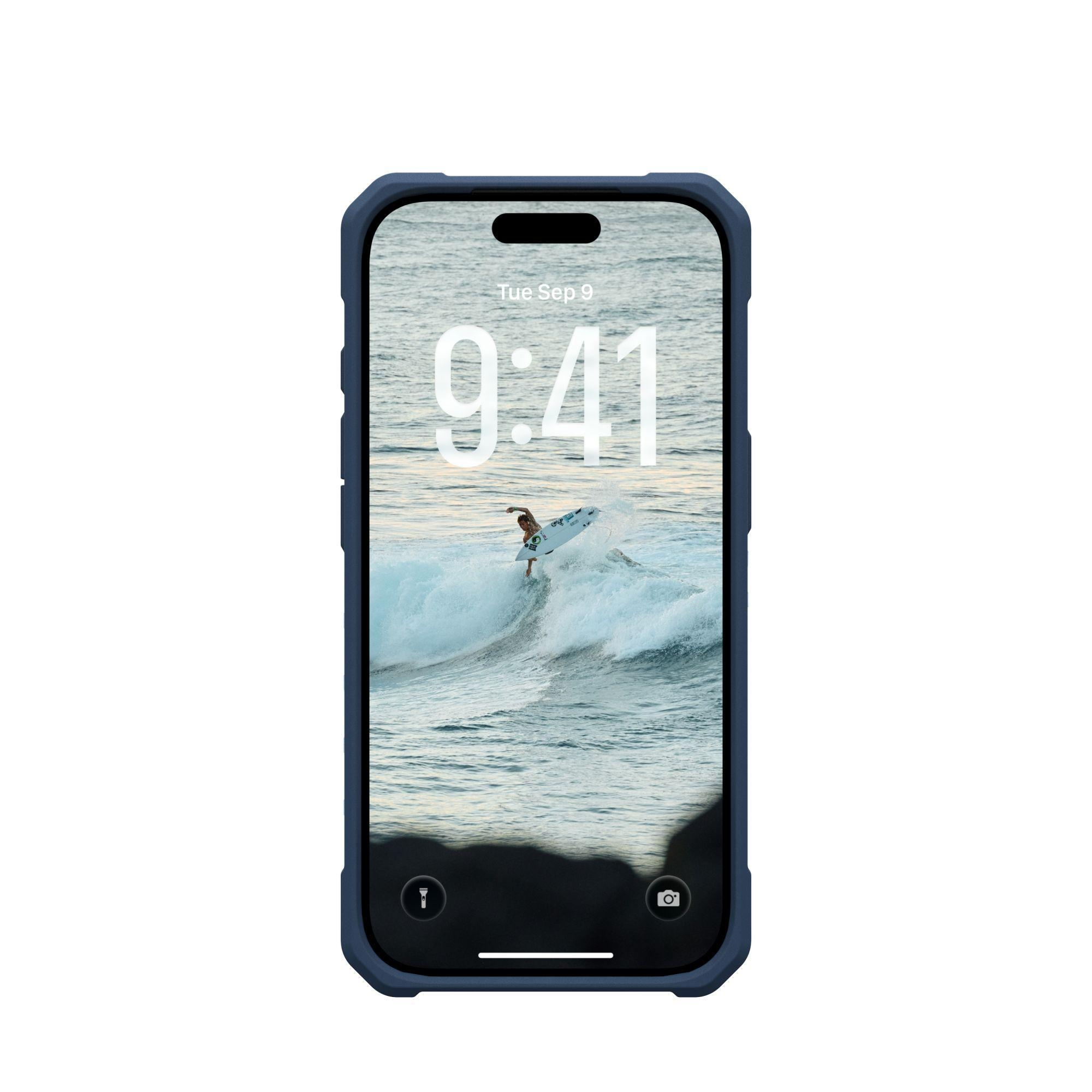 Telefon wyświetla surfera na fali. Godzina to 9:41 we wtorek 9 września. Telefon jest w niebieskim etui.