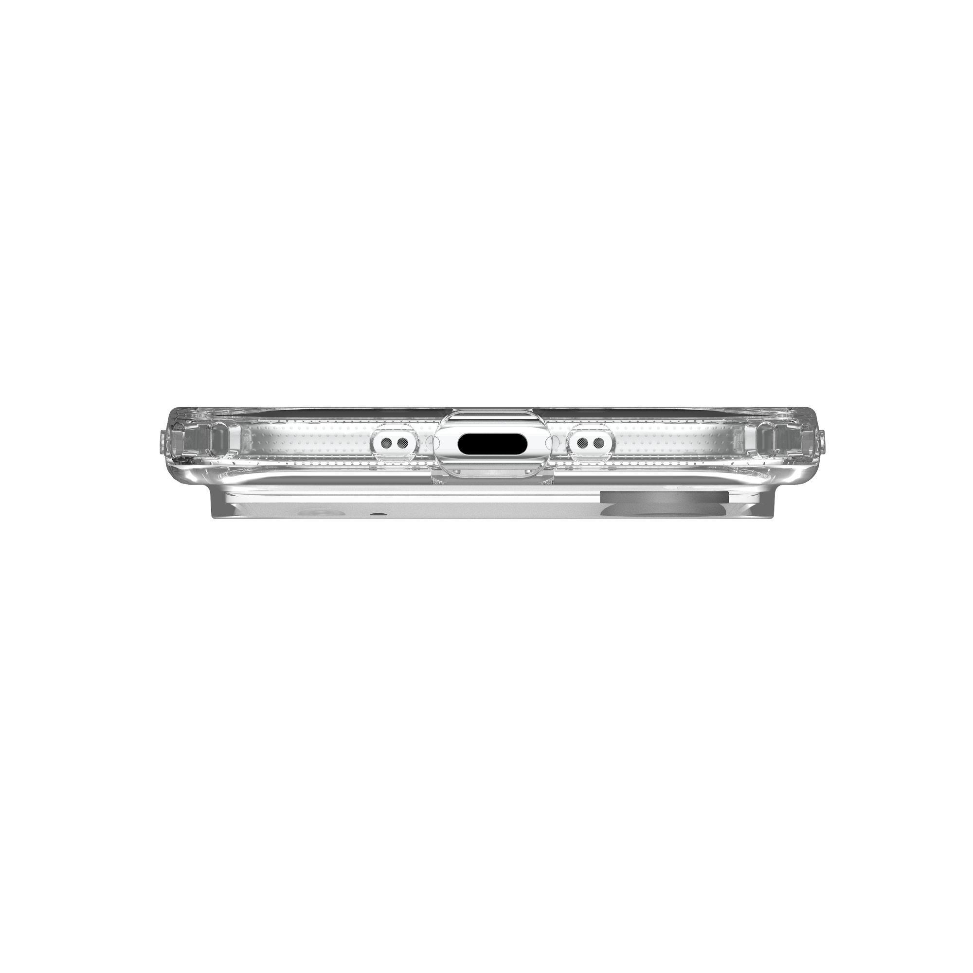Une coque de téléphone transparente. Elle a des découpes pour le port de charge et le haut-parleur. Fond blanc.