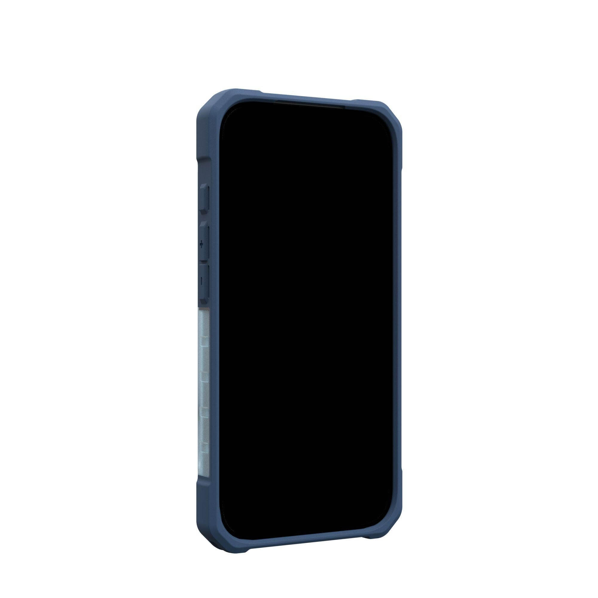 Smartfon w niebieskim etui na białym tle. Ekran jest czarny. Etui ma przyciski.