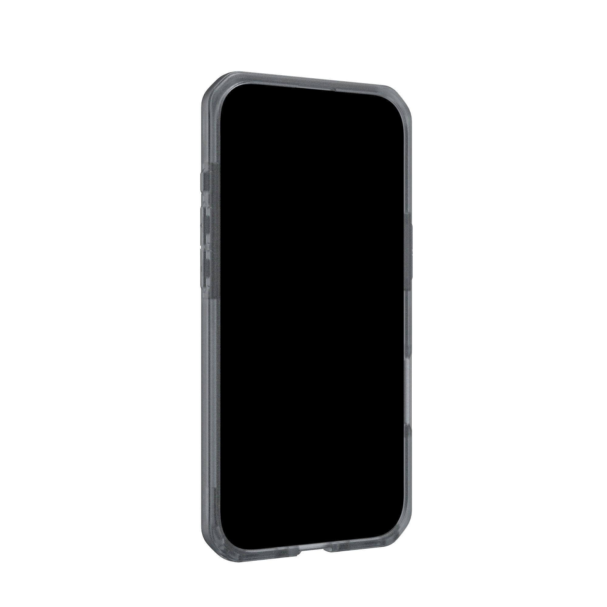 Smartfon w przezroczystym etui z czarnym ekranem jest wyśrodkowany na białym tle.