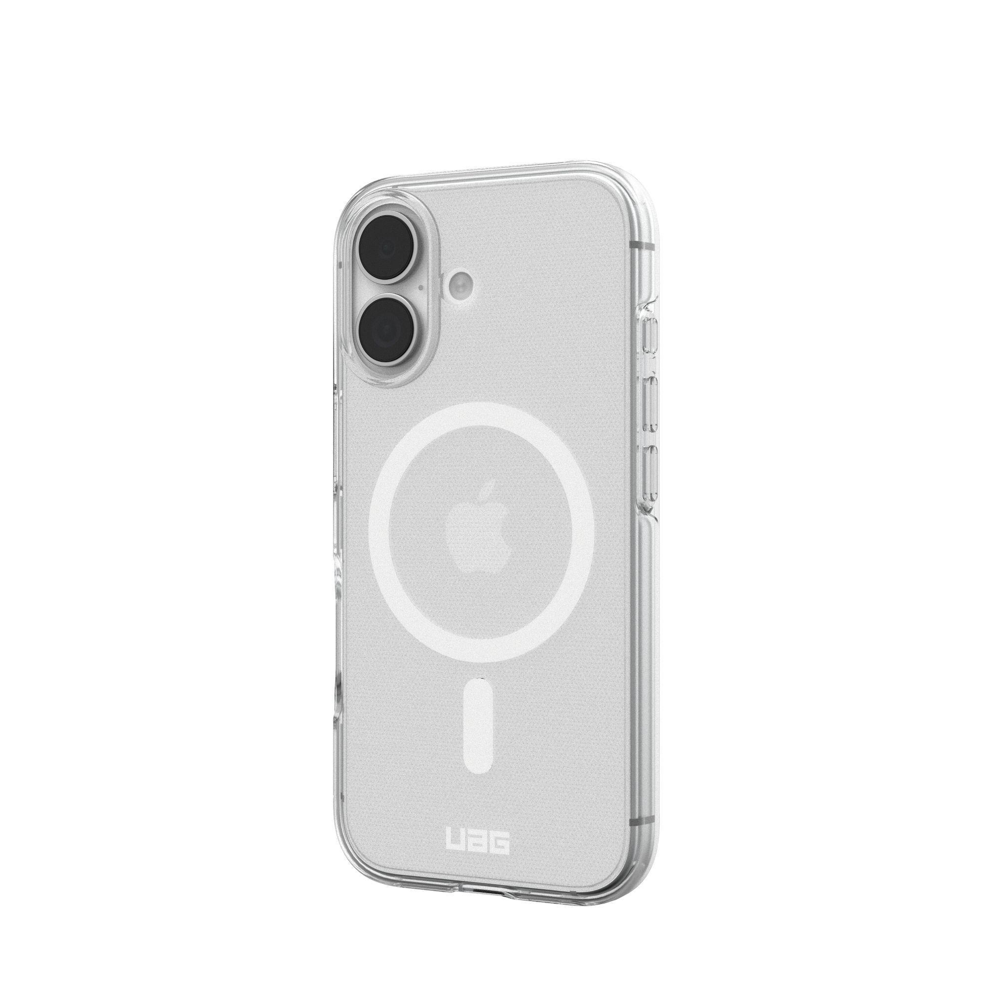 Transparente Handyhülle mit schwarzen Kameralinsen und Apple-Logo. UAG-Logo unten. Die Hülle befindet sich auf weißem Hintergrund.