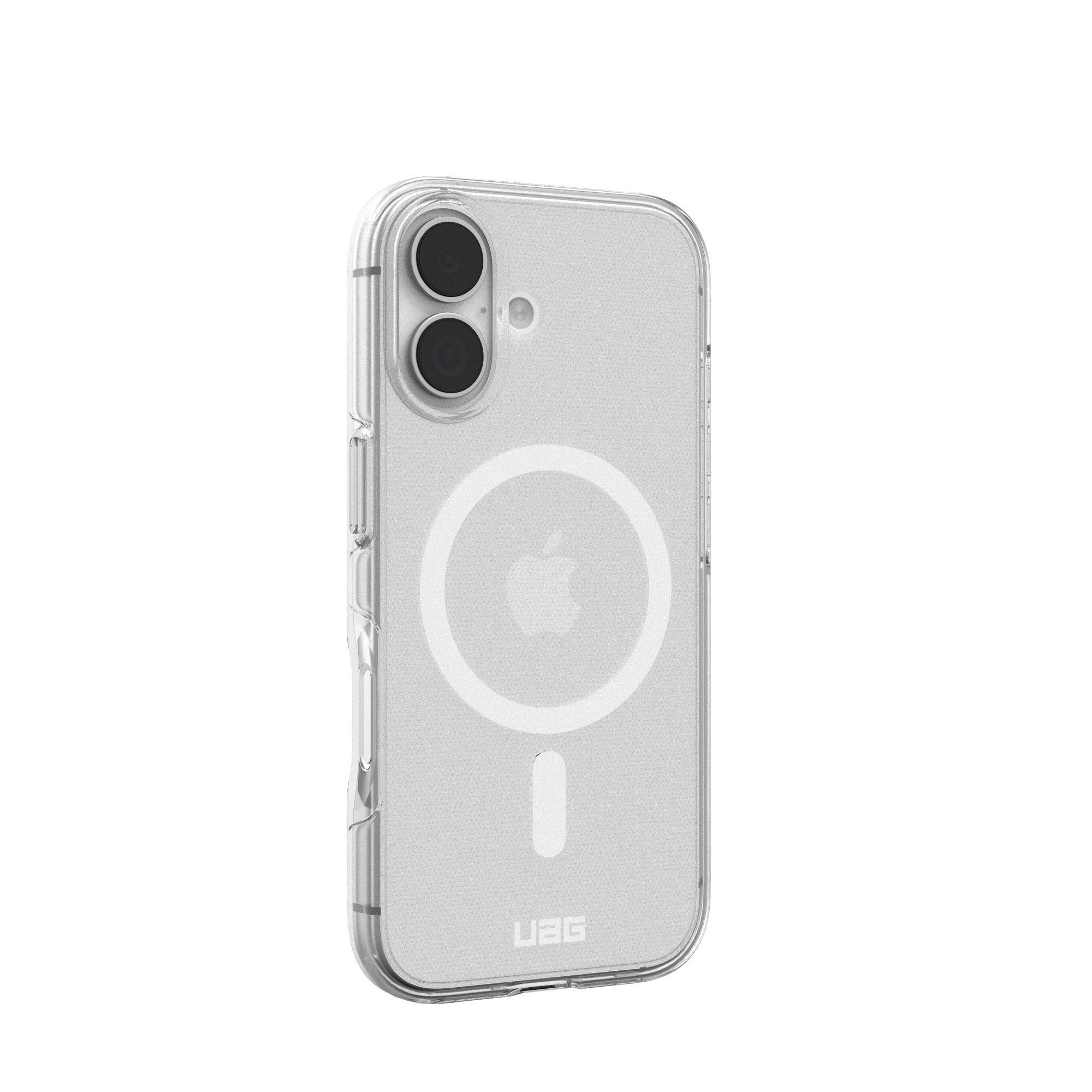Transparente Handyhülle mit Kameraausschnitt, Apple-Logo und UAG-Logo, vor weißem Hintergrund.