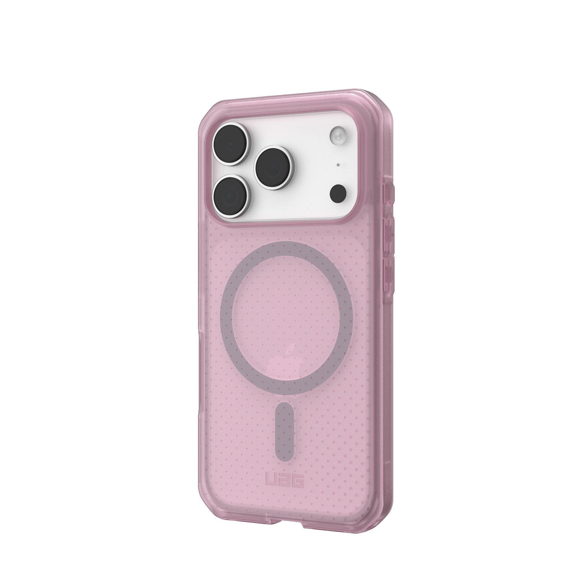 Rosa iPhone-Hülle mit Kameraausschnitten und einem MagSafe-Ring. Das UAG-Logo befindet sich unten.