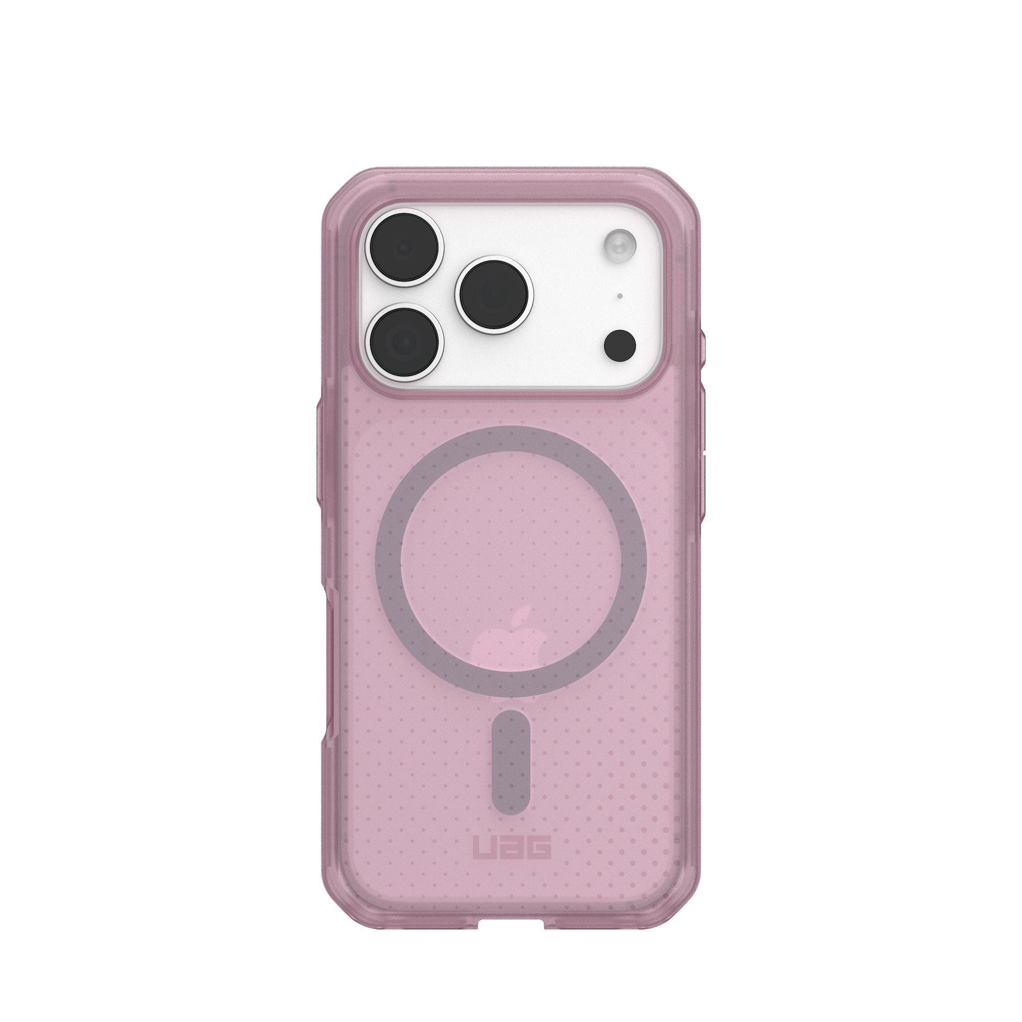 Eine transparente rosa Handyhülle. Sie hat einen Kameraausschnitt und einen Magnetring. Das UAG-Logo ist unten.