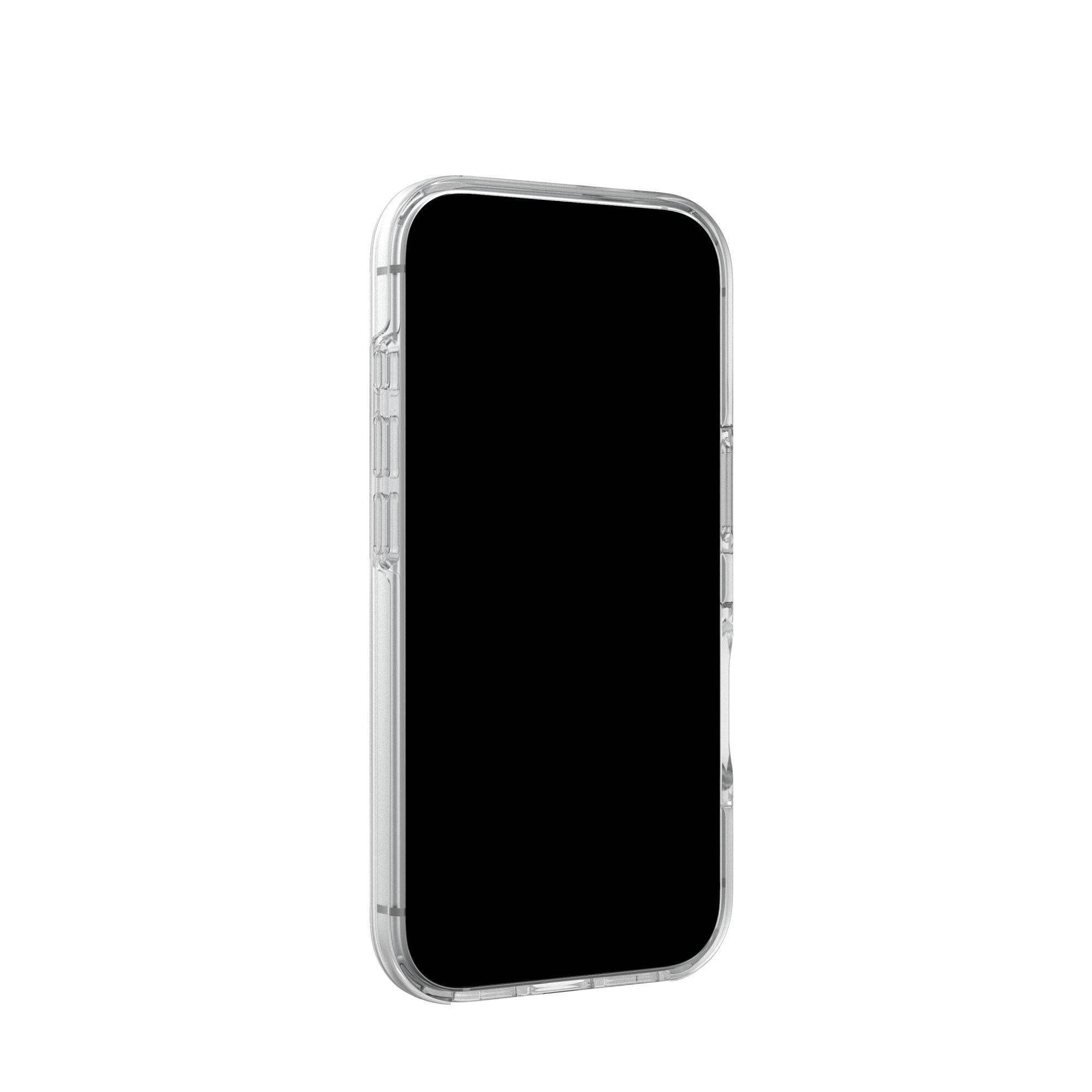 Eine transparente Handyhülle mit schwarzem Bildschirm im Inneren. Die Hülle befindet sich auf weißem Hintergrund.