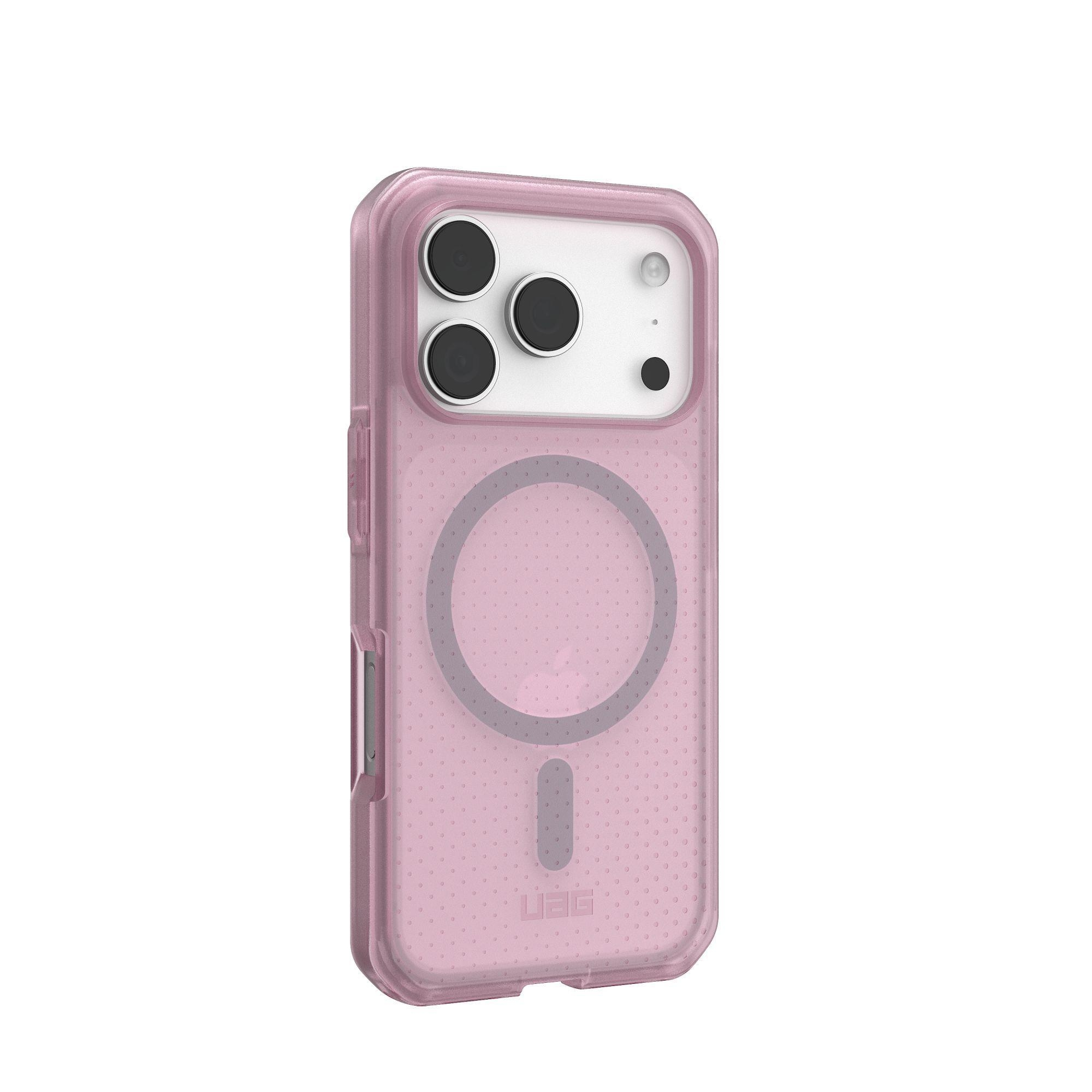 Rosa Handyhülle mit Kameraausschnitten, MagSafe-Kreis und UAG-Logo. Es hat ein gepunktetes Muster.