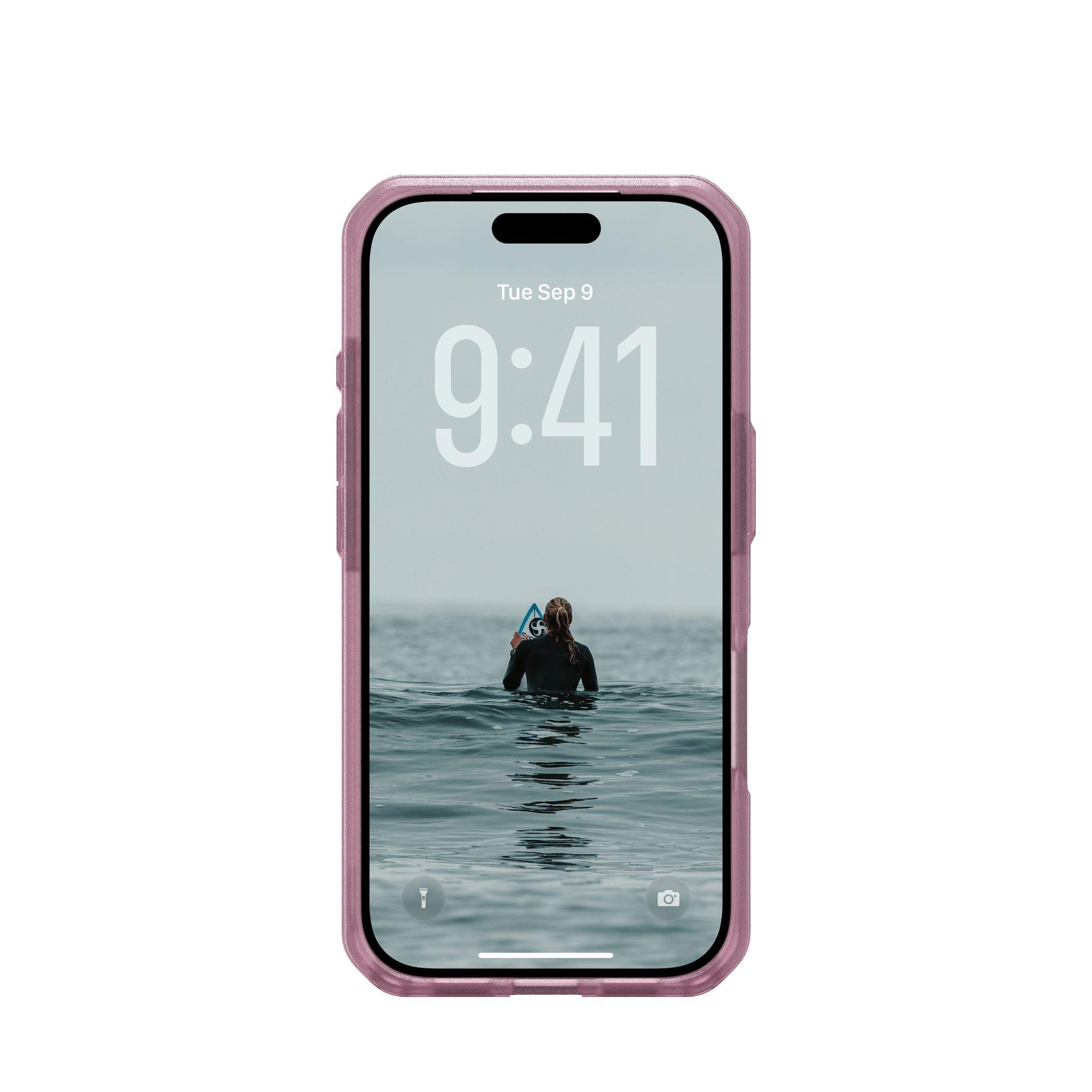 Ein Telefon zeigt einen Surfer im Wasser. Es ist Di. 9. Sep., 9:41 Uhr. Das Telefon befindet sich in einer rosa Hülle.