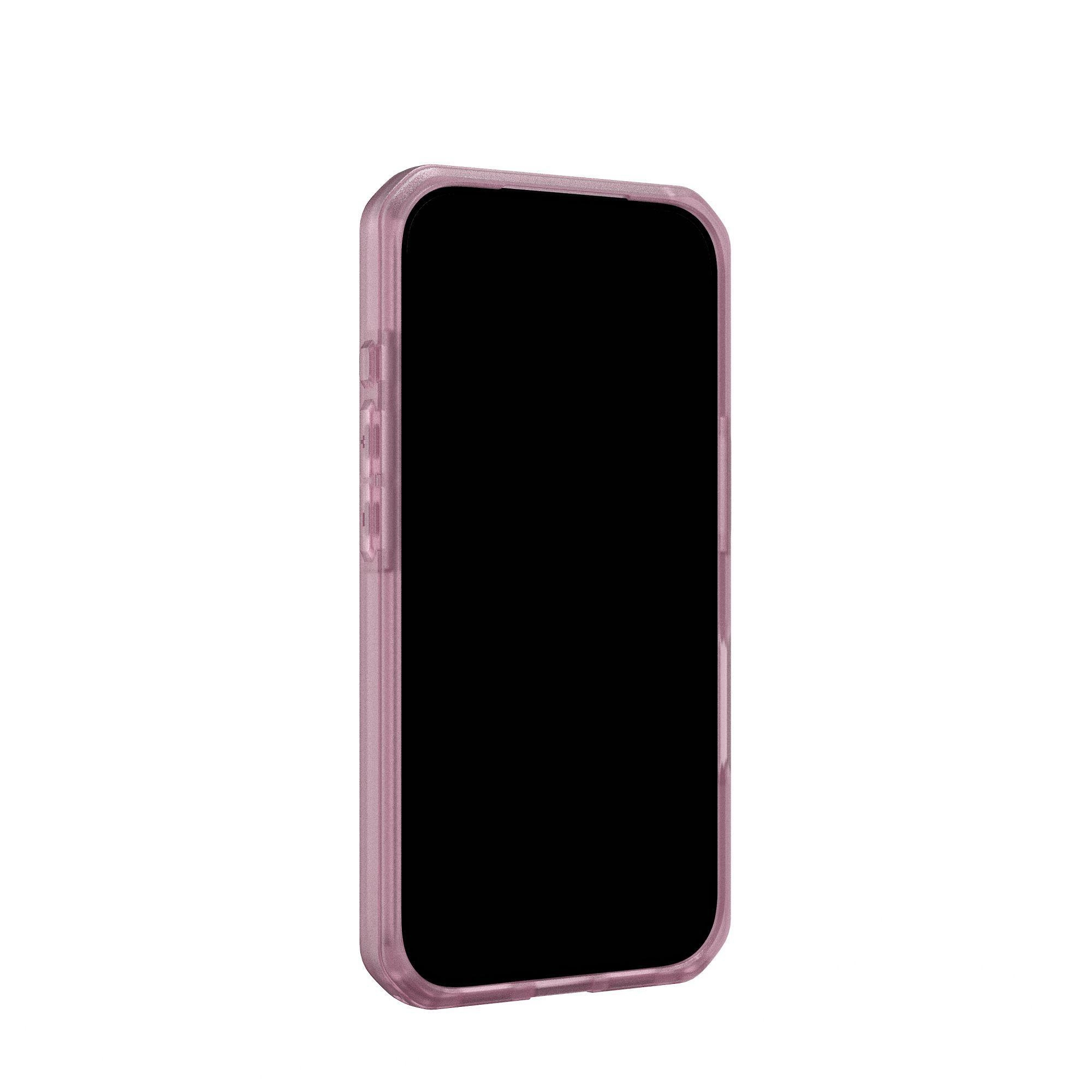 Ein Smartphone in einer pinkfarbenen Hülle mit schwarzem Bildschirm ist vor weißem Hintergrund zentriert. Die Hülle hat eine glatte Oberfläche.