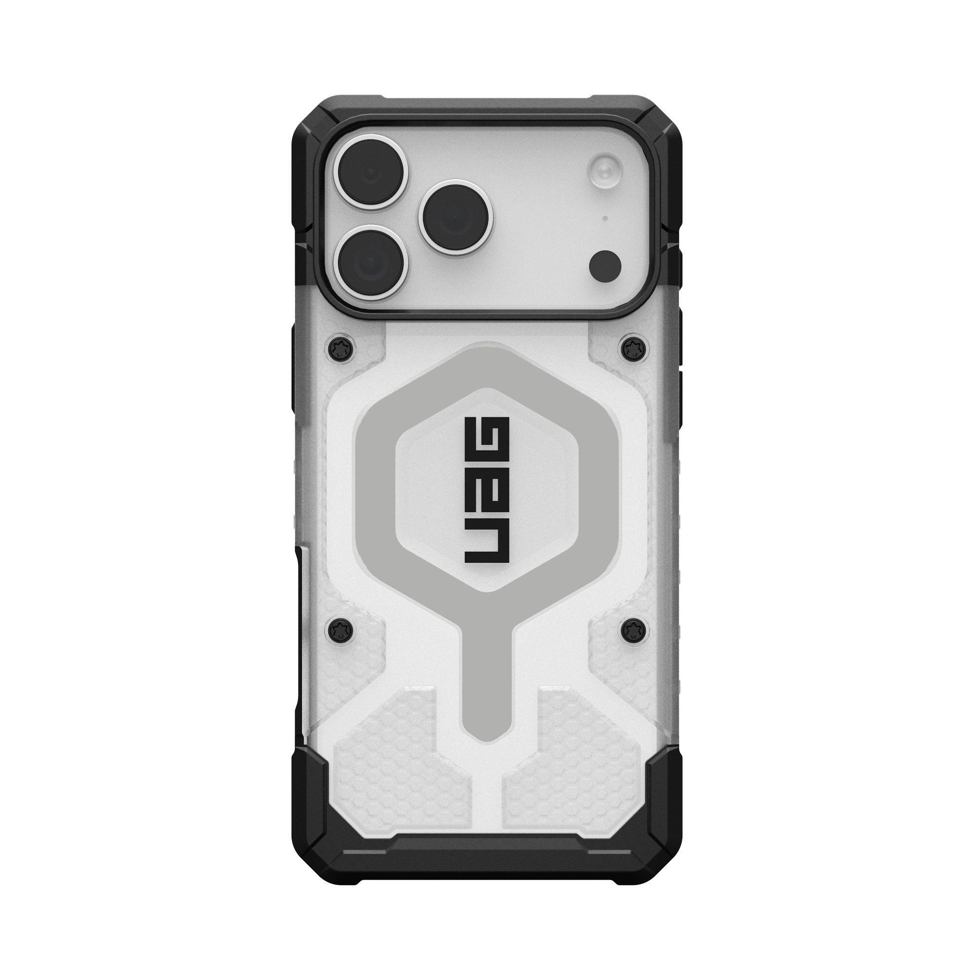 Eine Handyhülle mit schwarzem und grauem Design. Sie hat einen Kameraausschnitt und das UAG-Logo. Der Hintergrund ist weiß.