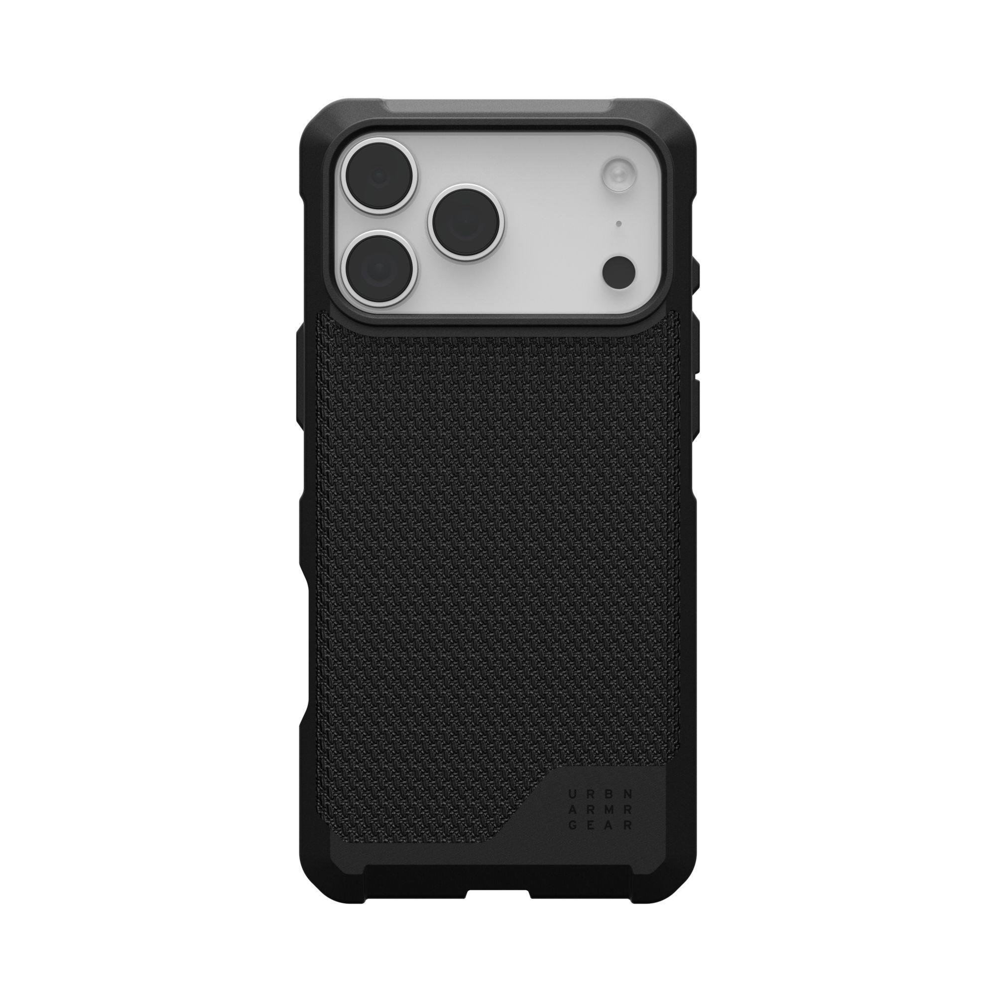 Czarne etui na telefon z wycięciami na aparat i teksturowanym tyłem. Logo 'URBN ARMOR GEAR' na dole.
