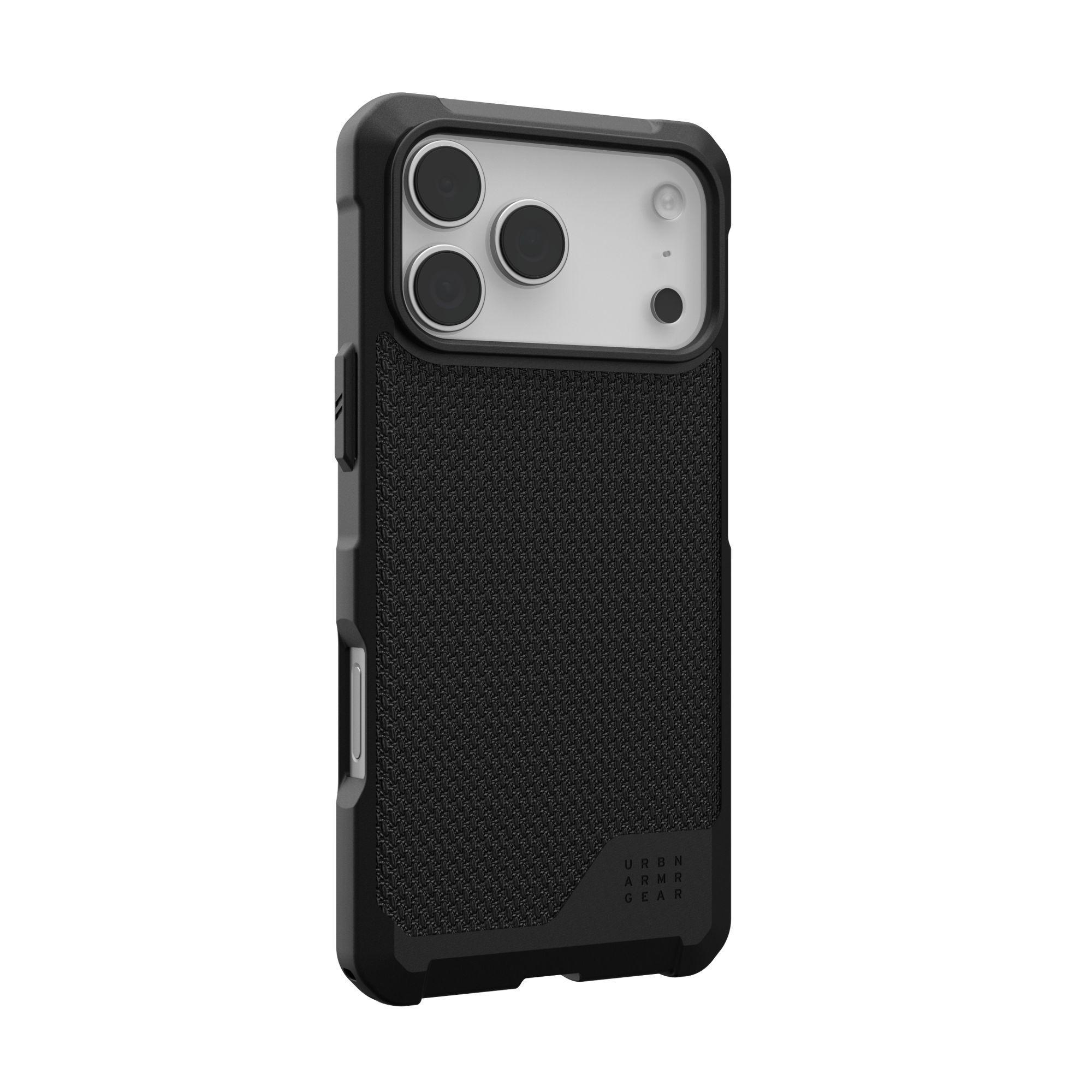 Czarne etui na telefon z teksturowanym tyłem i wycięciami na aparat. Białe tło. Logo URBN ARMOR GEAR.