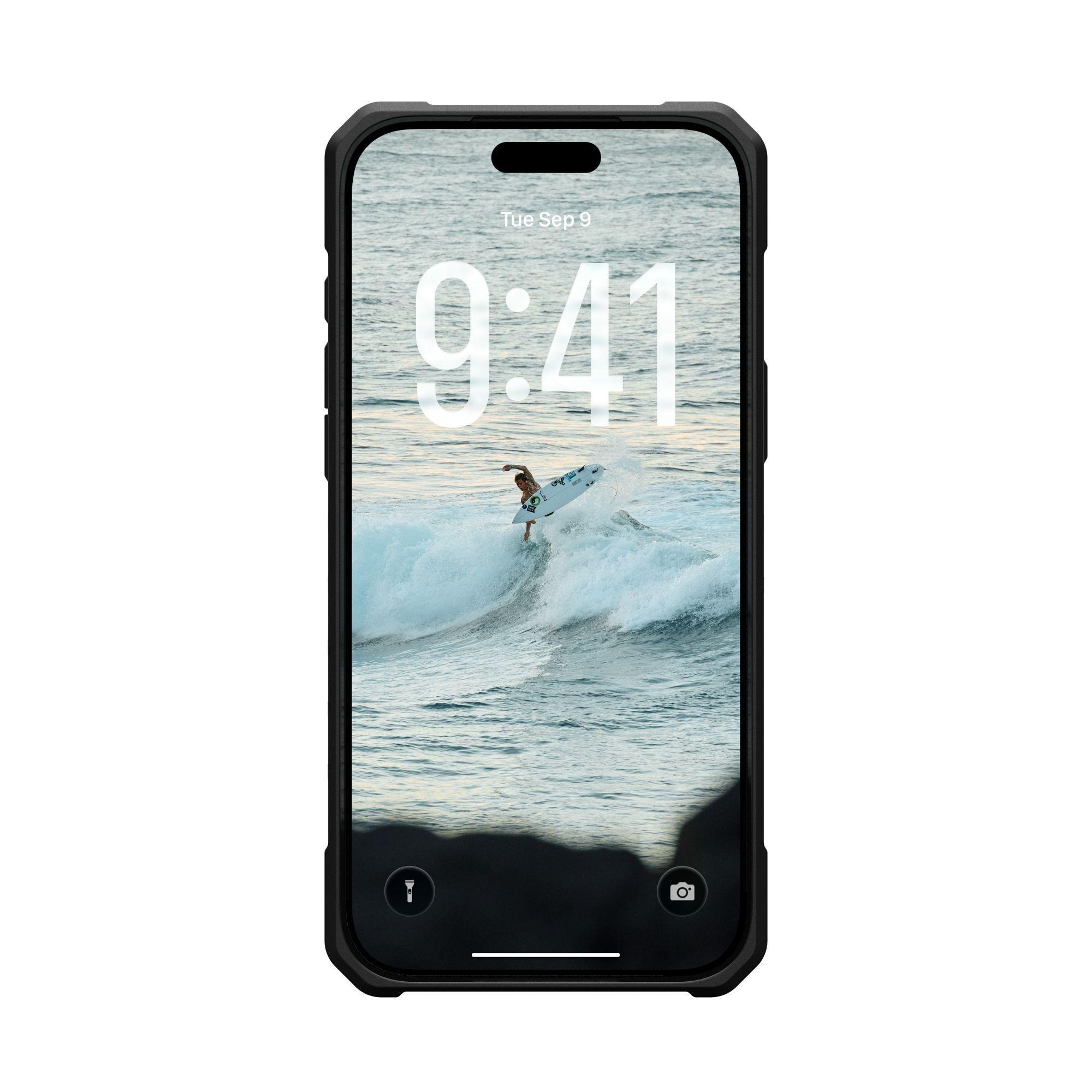 Smartphone, das einen Surfer zeigt, der auf dem Bildschirm eine Welle reitet. Die angezeigte Zeit ist 9:41, Di. 9. Sep.
