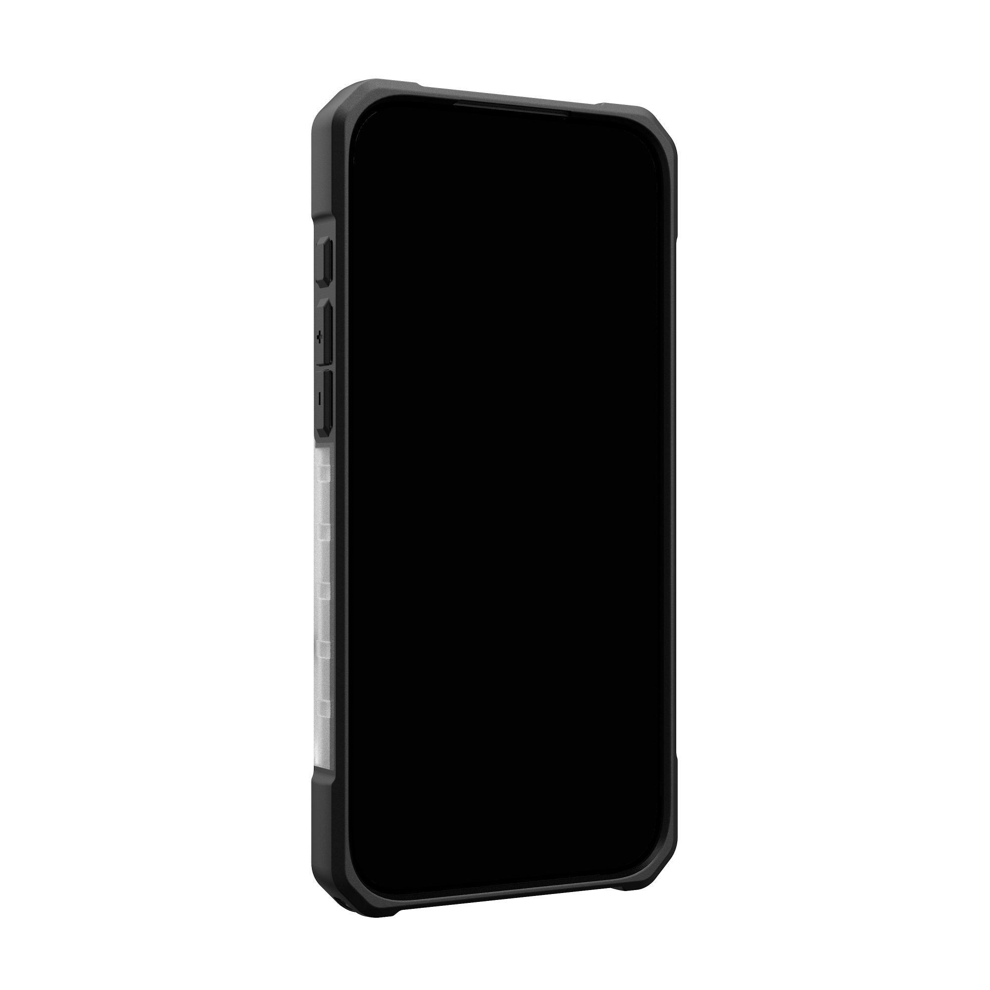 Ein schwarzes Smartphone in einer Schutzhülle vor weißem Hintergrund. Der Bildschirm ist schwarz.