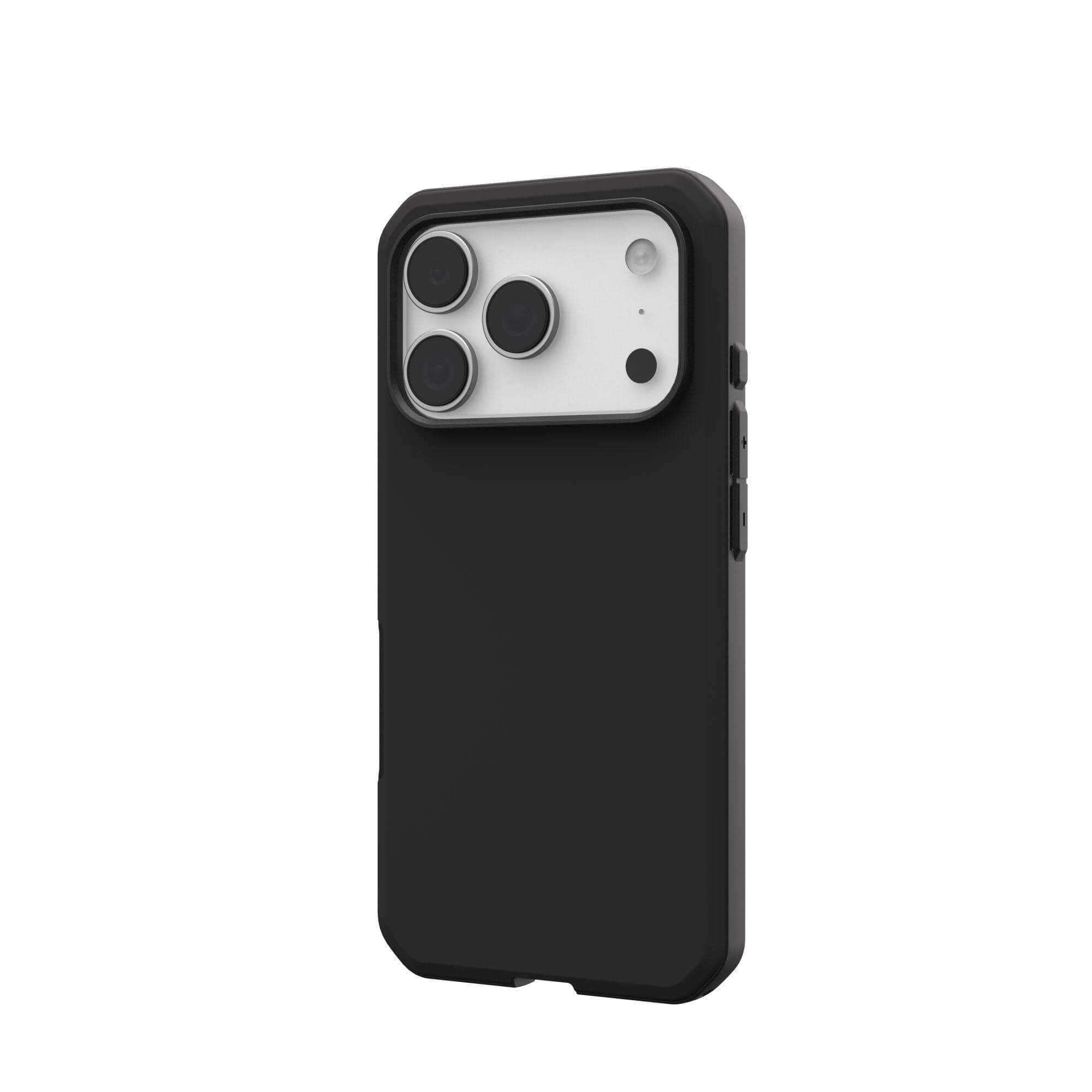 Coque de téléphone noire avec découpes pour appareil photo. Trois lentilles, flash et un petit cercle noir.