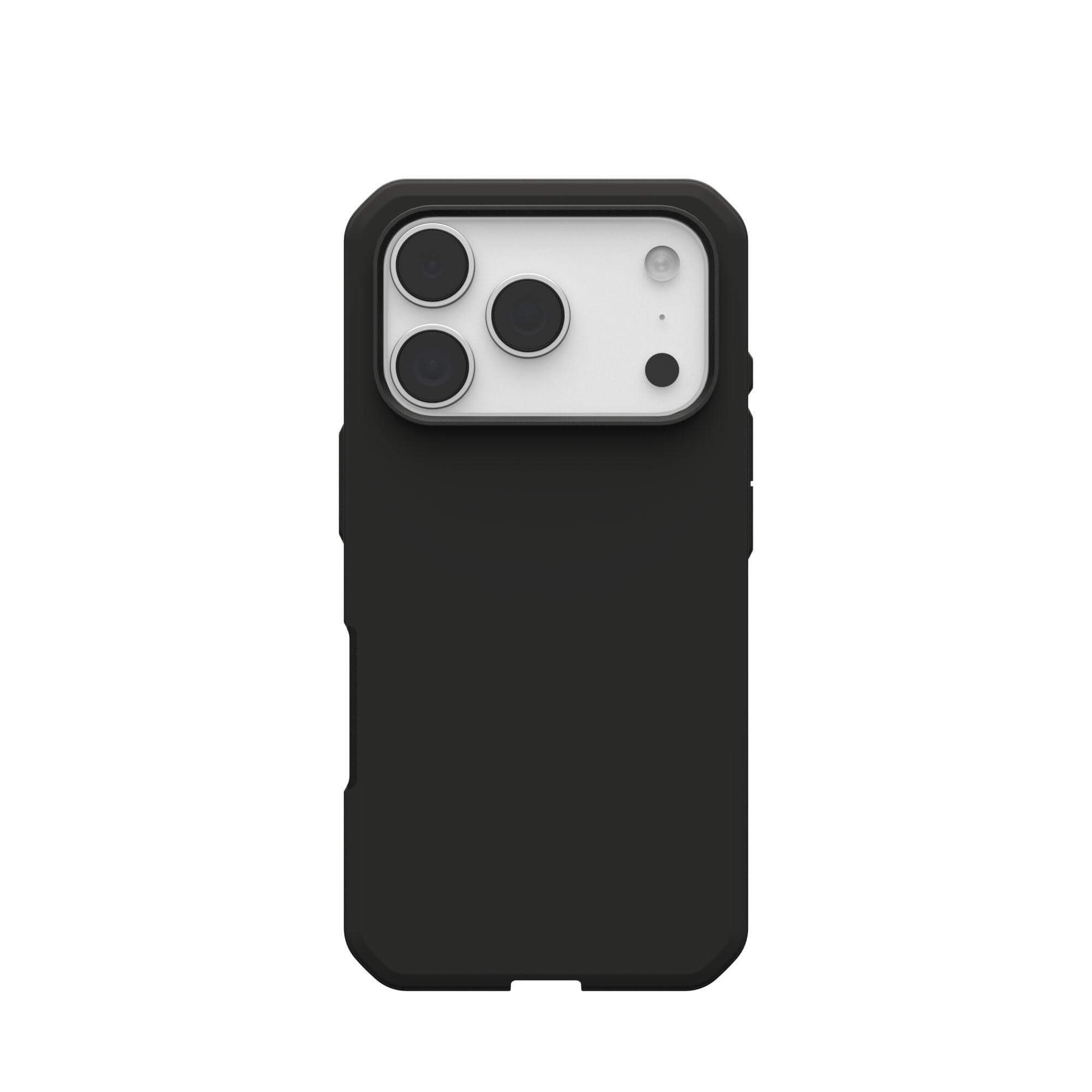 Coque de téléphone noire avec trois lentilles de caméra et un flash sur fond blanc.