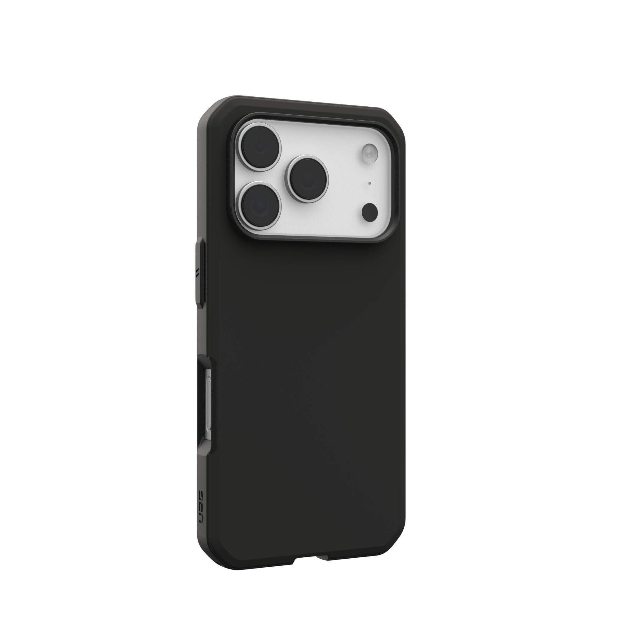 Coque de téléphone noire avec trois lentilles d'appareil photo et un flash sur fond blanc. La coque est de marque UAG.