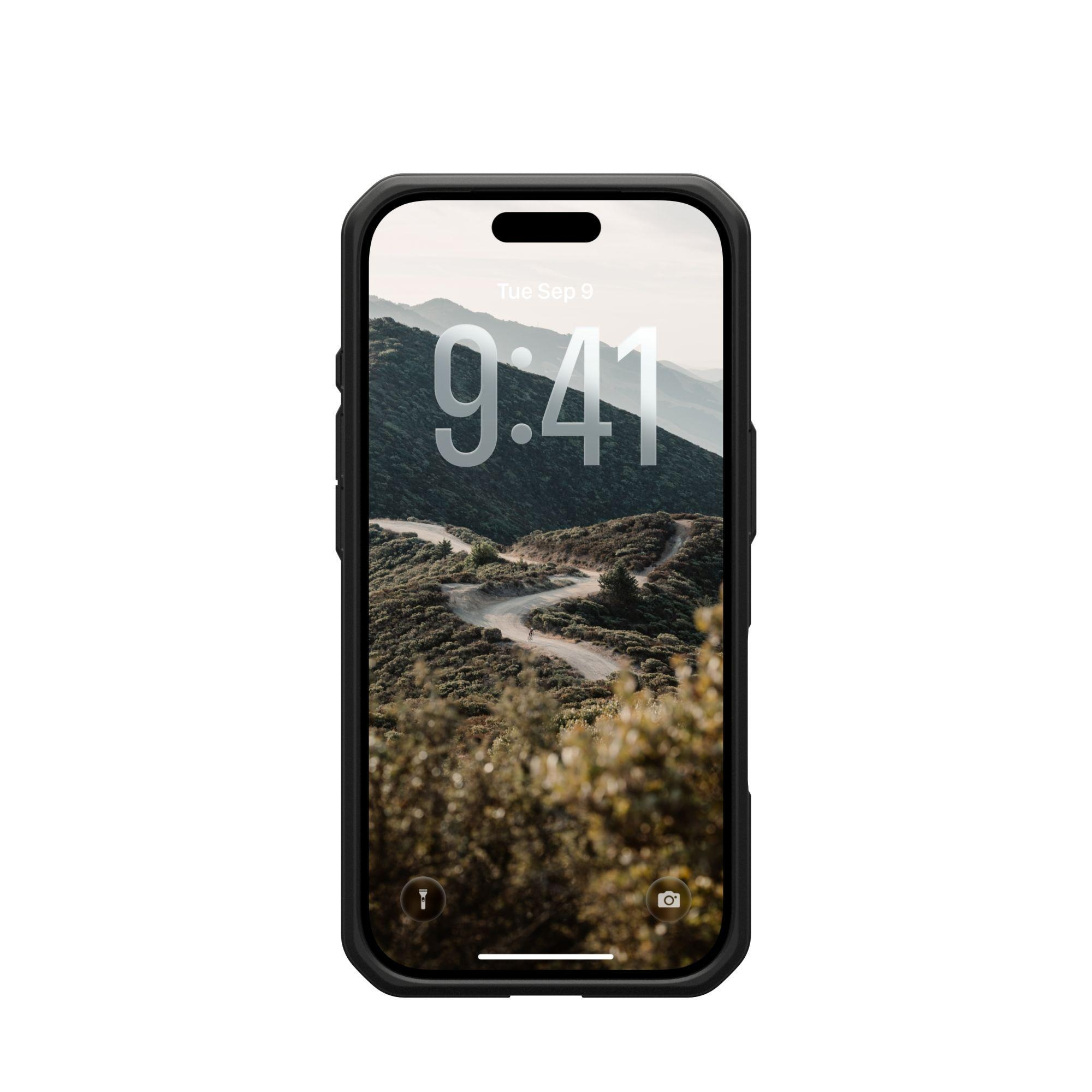 iPhone affichant une route de montagne. Le téléphone est dans un étui noir, l'heure est 9:41 et la date est le 9 sept.