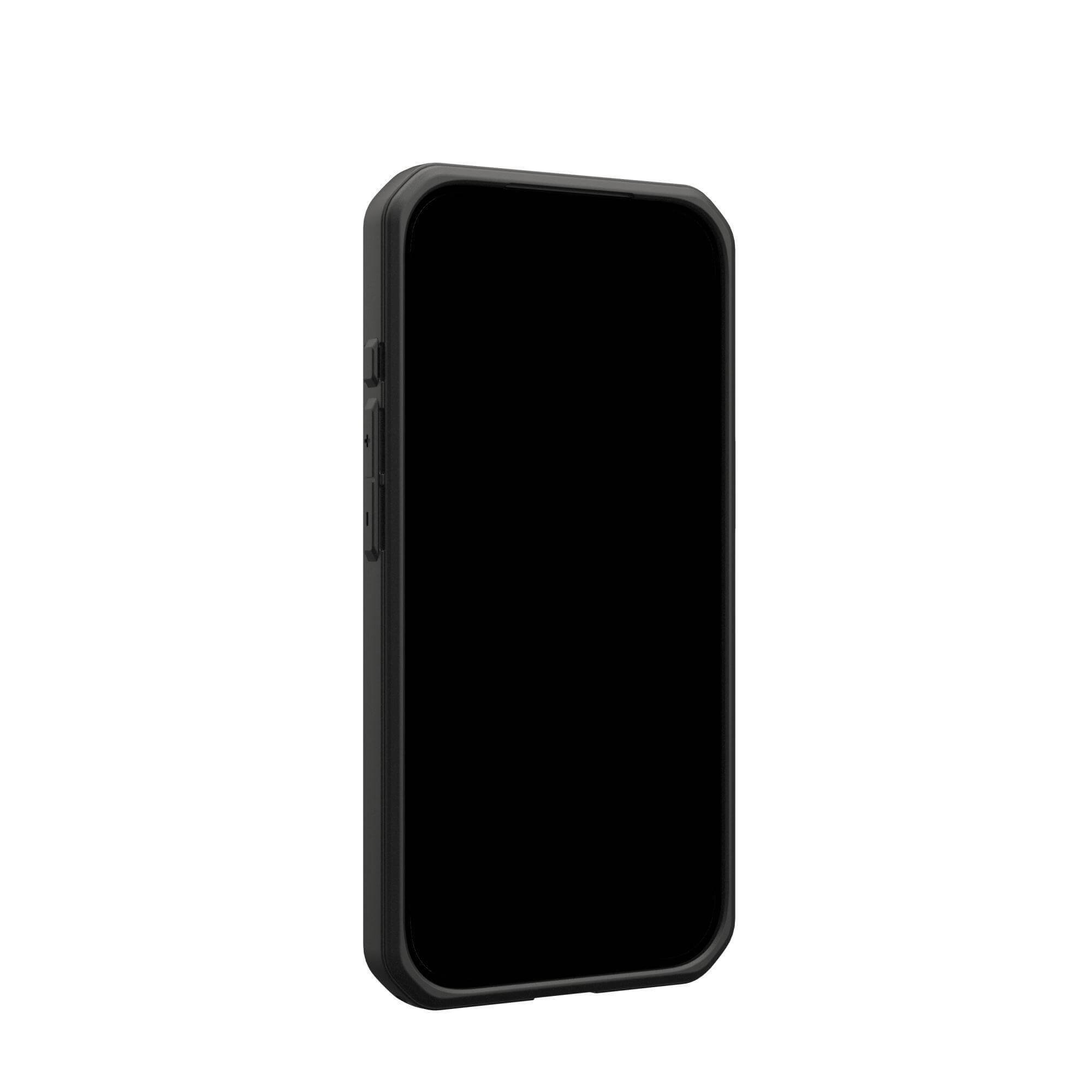 Un smartphone noir dans un étui noir sur fond blanc. L'écran est noir, et l'étui a des boutons latéraux.