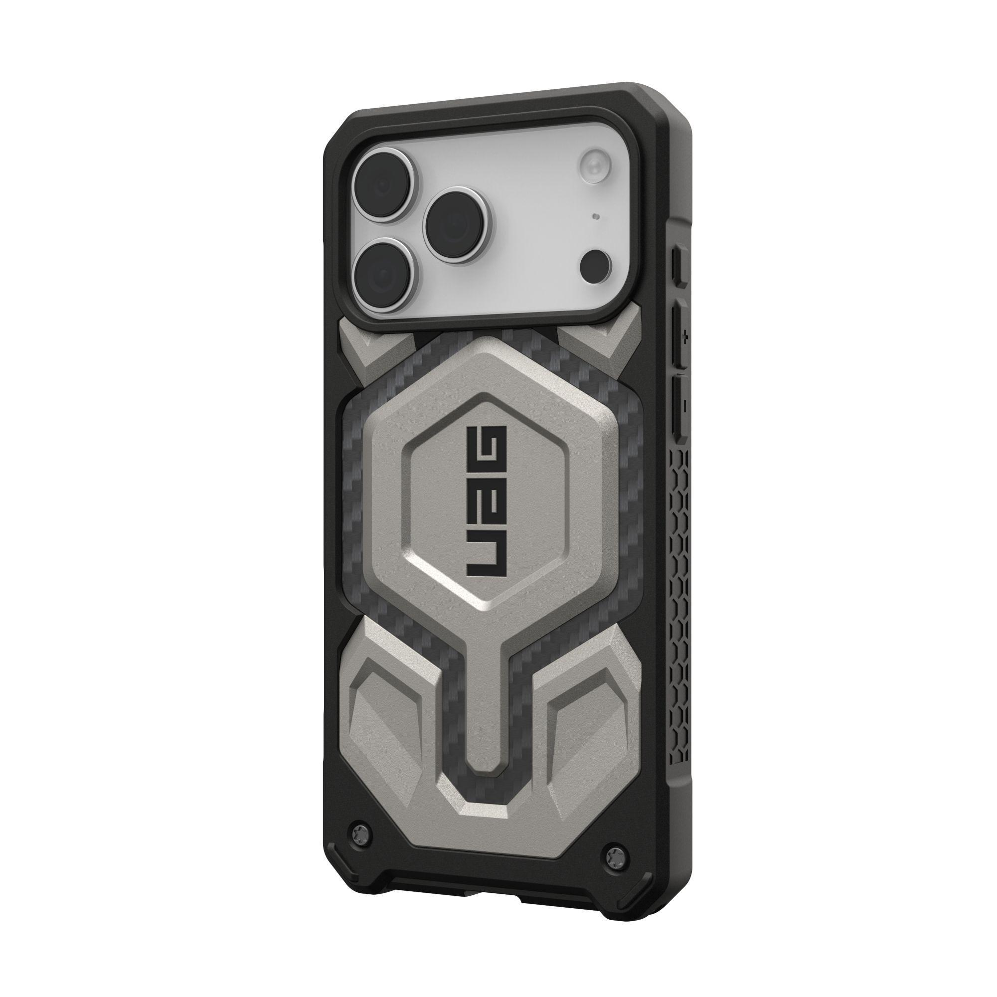 Una funda de teléfono negra y gris con el logotipo de UAG. Cuenta con recortes para la cámara y un diseño robusto. El fondo es blanco.