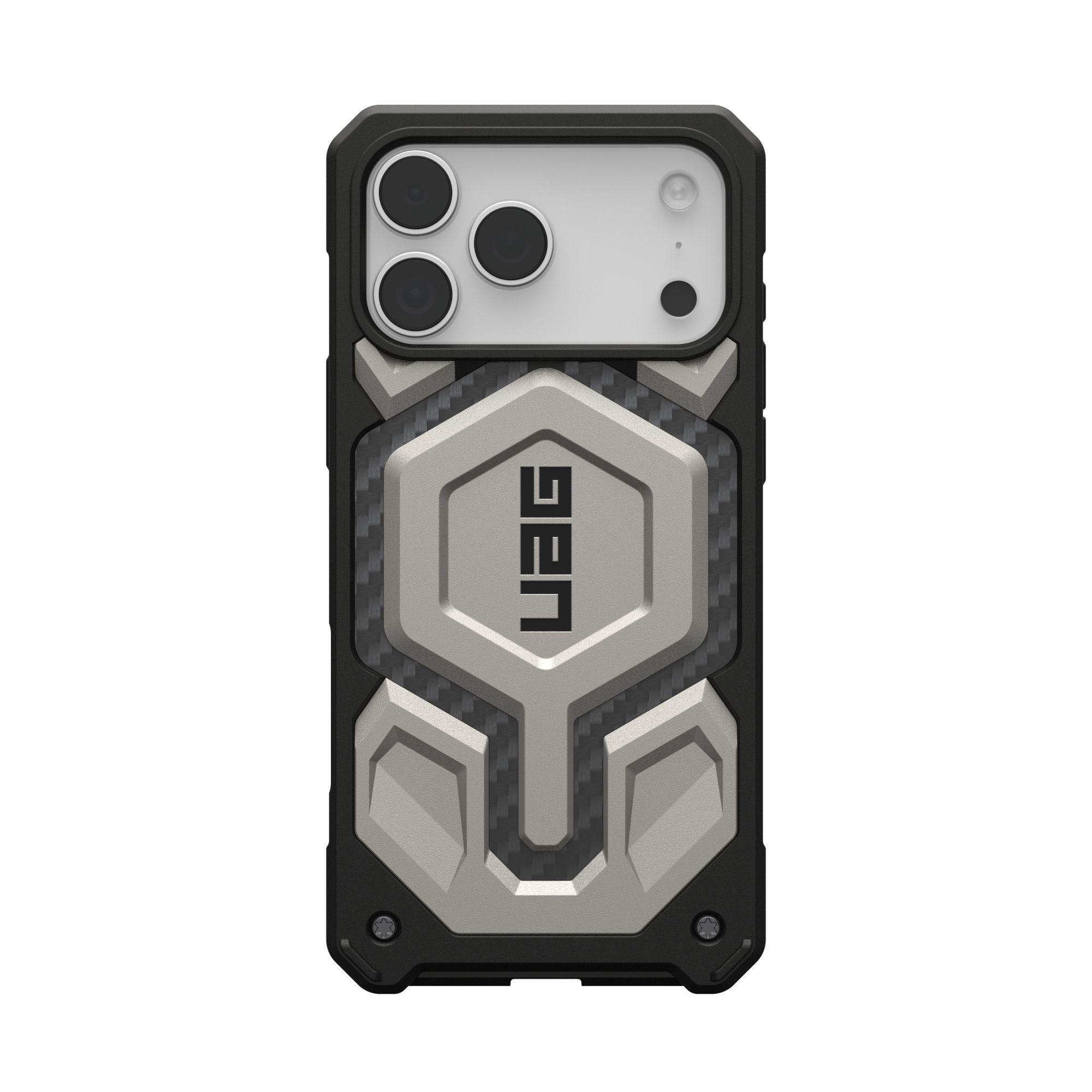 Una funda para teléfono negra y gris. La funda tiene un logotipo de UAG y un recorte para la cámara.
