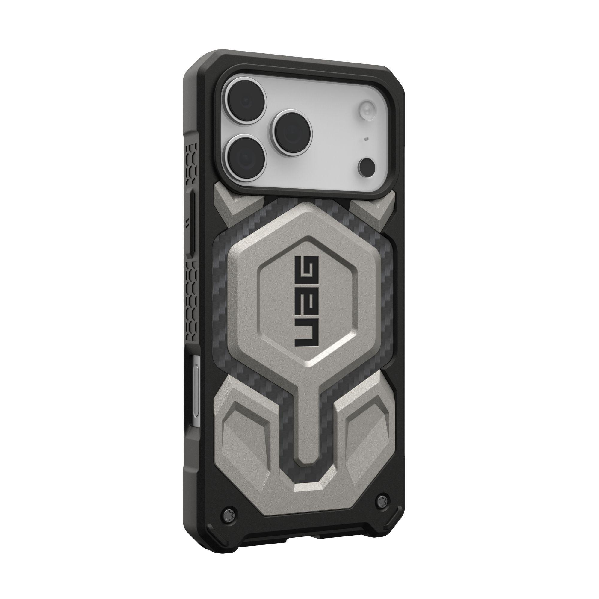 Una funda de teléfono negra y gris con el logotipo de UAG, con recortes para la cámara, botones y un diseño texturizado.