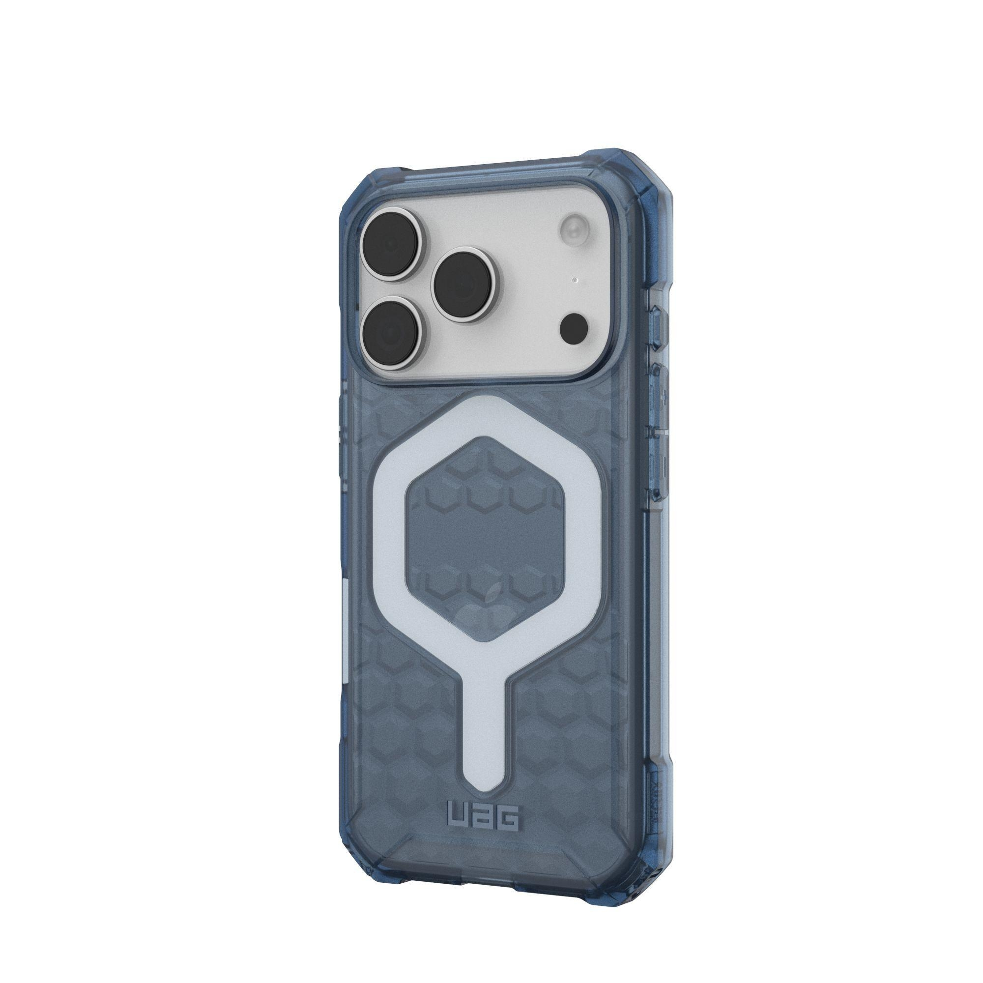 Une coque de téléphone bleu transparent avec un design hexagonal. Elle a un logo blanc en forme de Y et une découpe pour l'appareil photo.