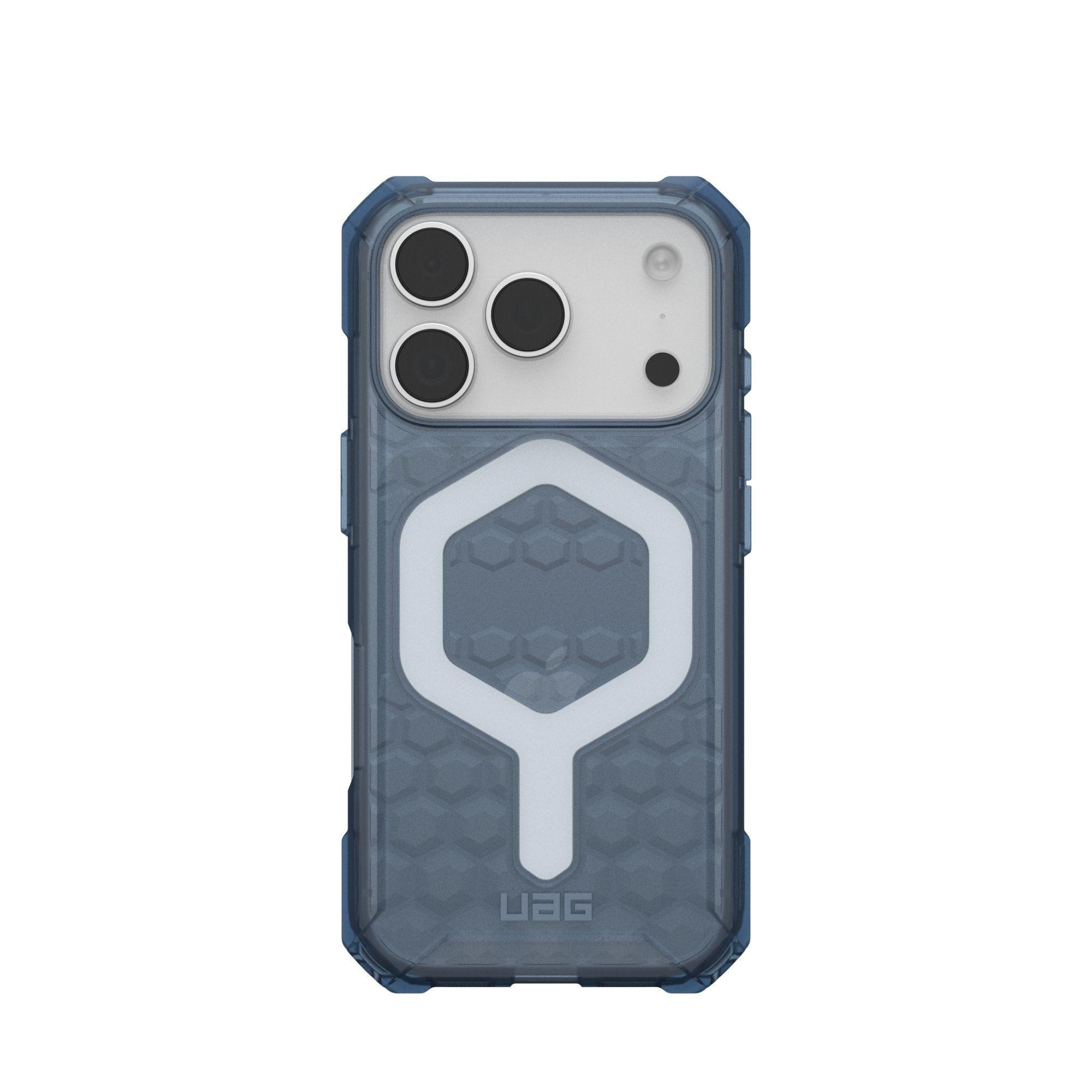 Un smartphone dans un étui bleu et transparent. L'étui a un motif en nid d'abeilles et le logo UAG.