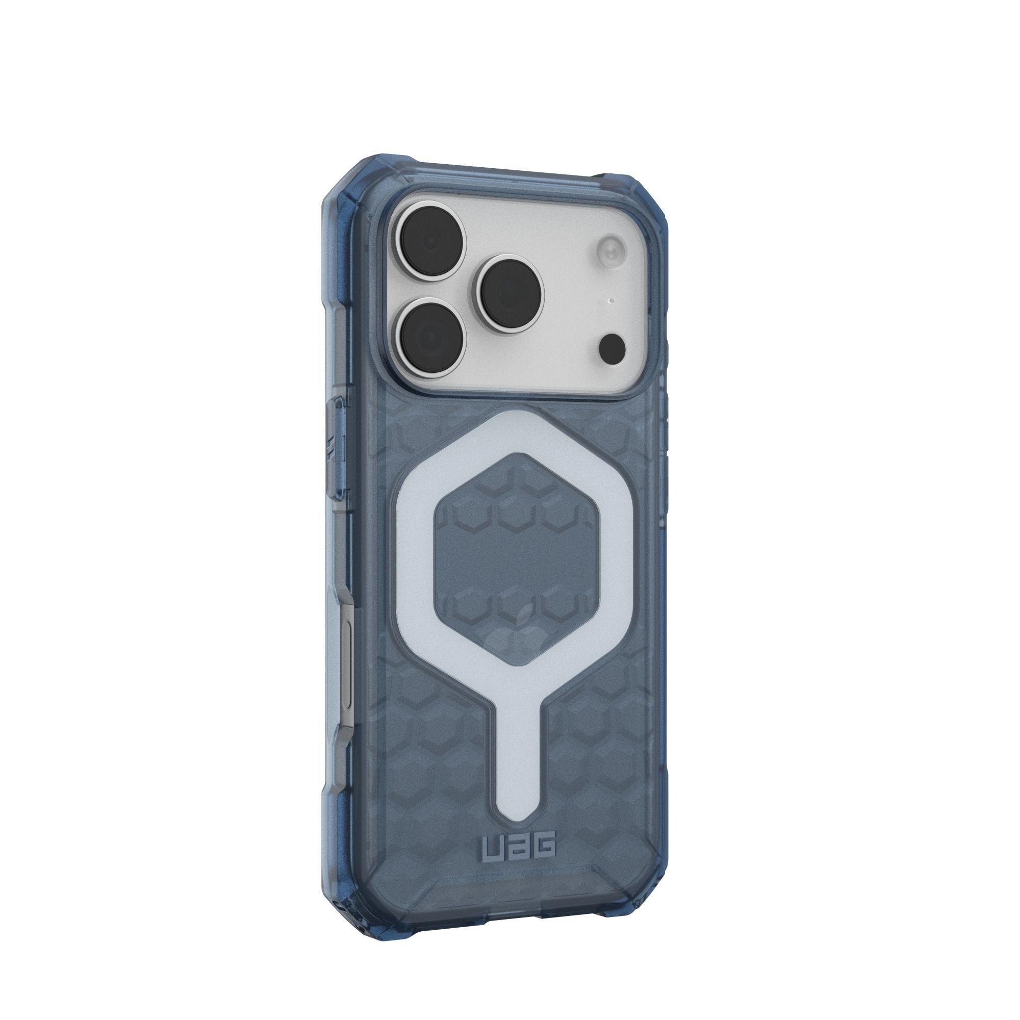 Une coque bleue pour iPhone avec un design hexagonal blanc et le logo UAG.