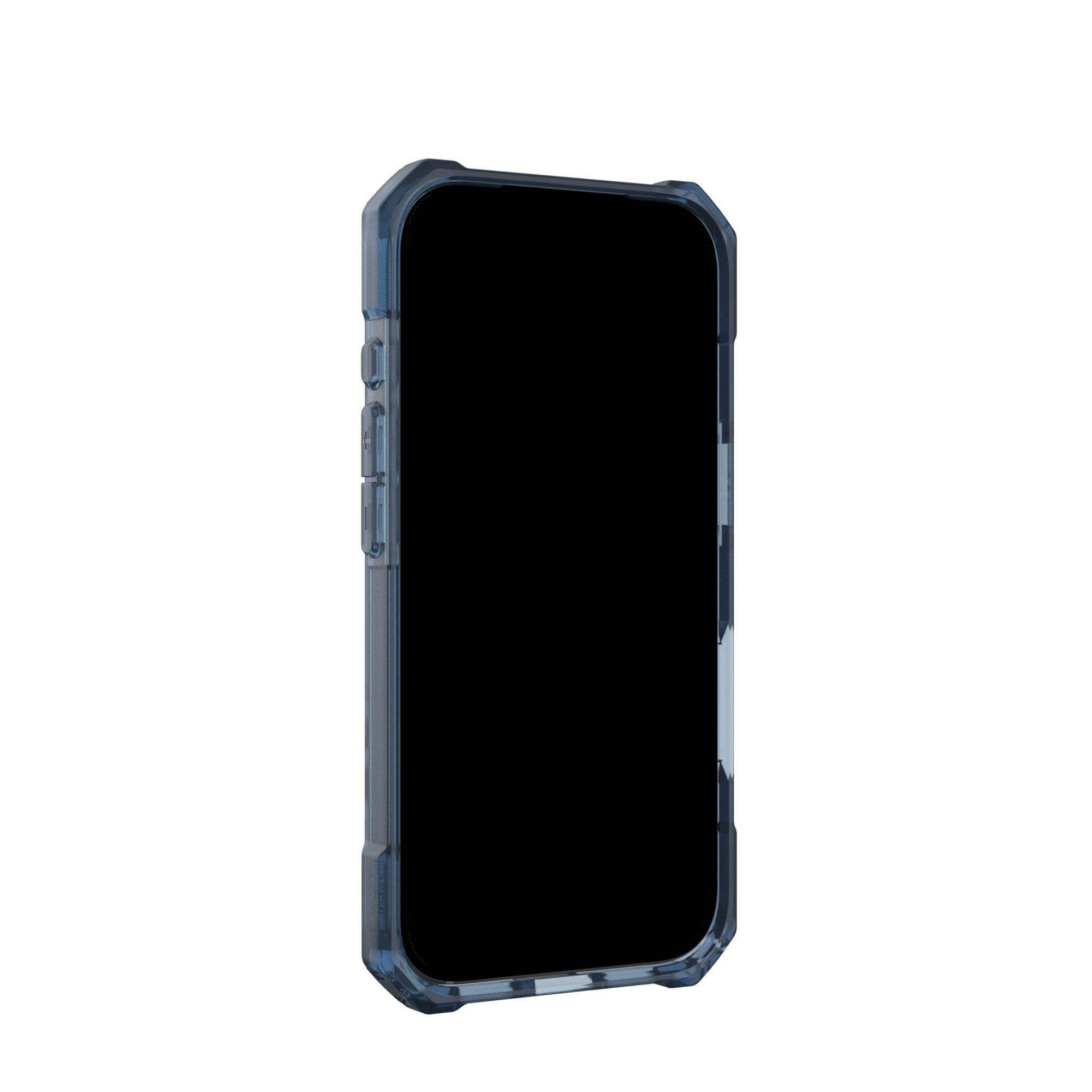 Un smartphone dans une coque de protection bleue. L'écran est noir, le fond est blanc.
