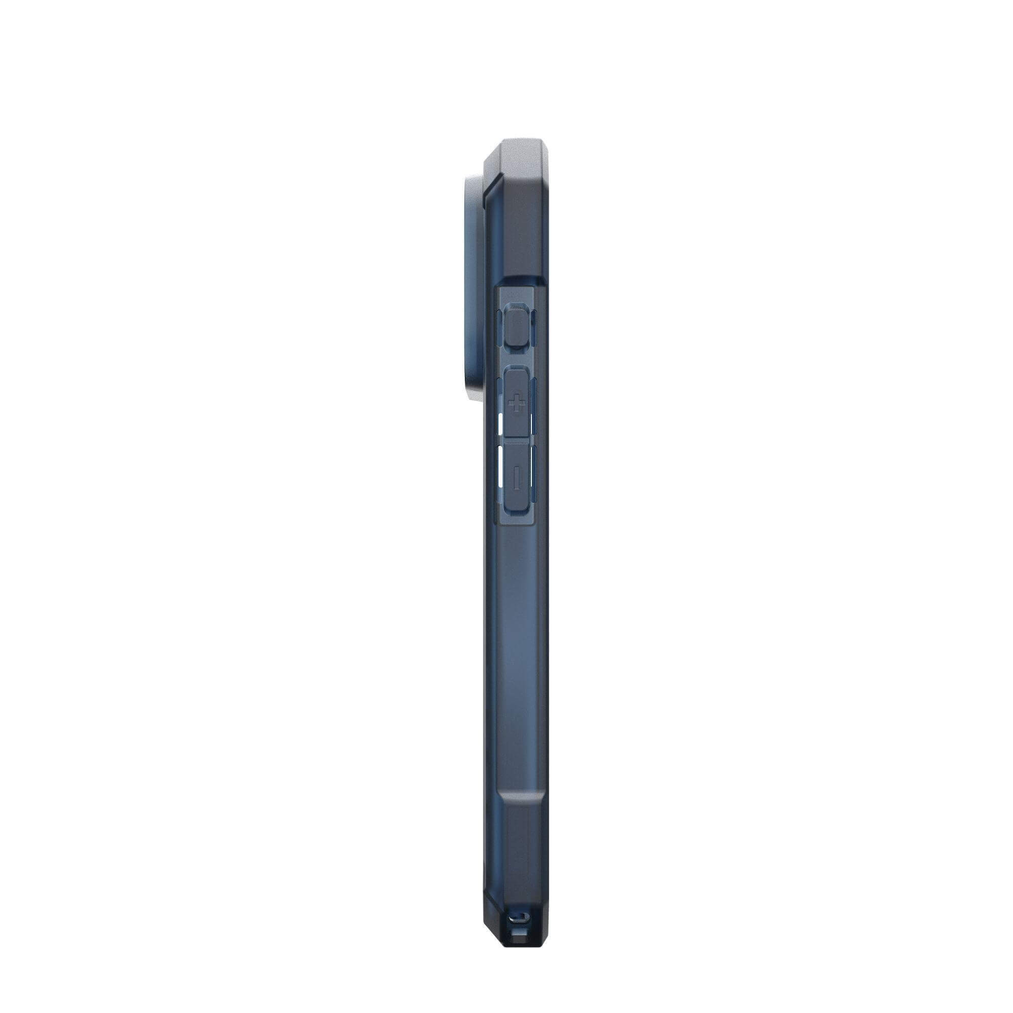 Une coque de téléphone bleu foncé est montrée de profil. Elle comporte des boutons et une découpe pour l'appareil photo. Le fond est blanc.