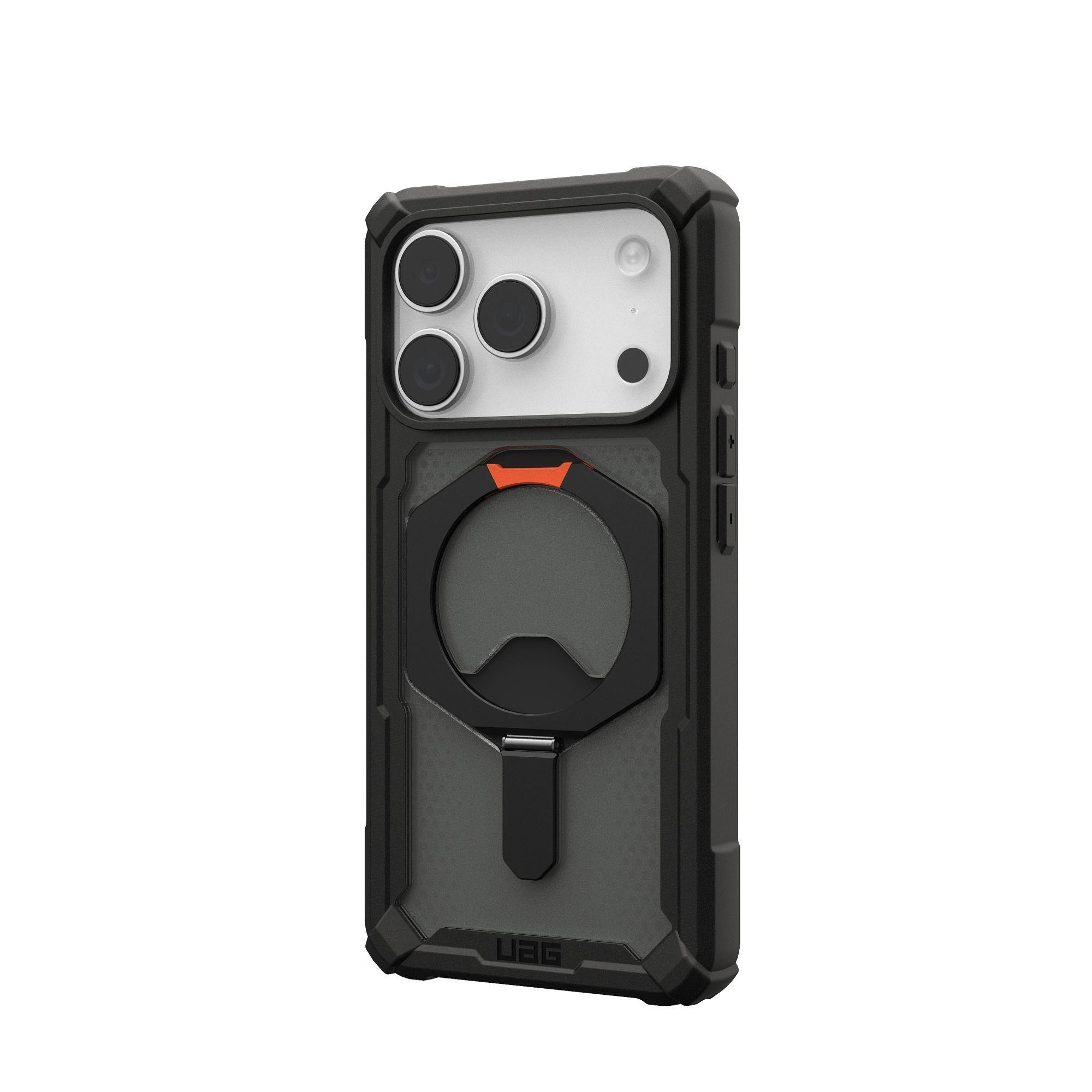 Custodia per telefono nera con fori per fotocamera, accento arancione e apribottiglie. Marchio UAG.