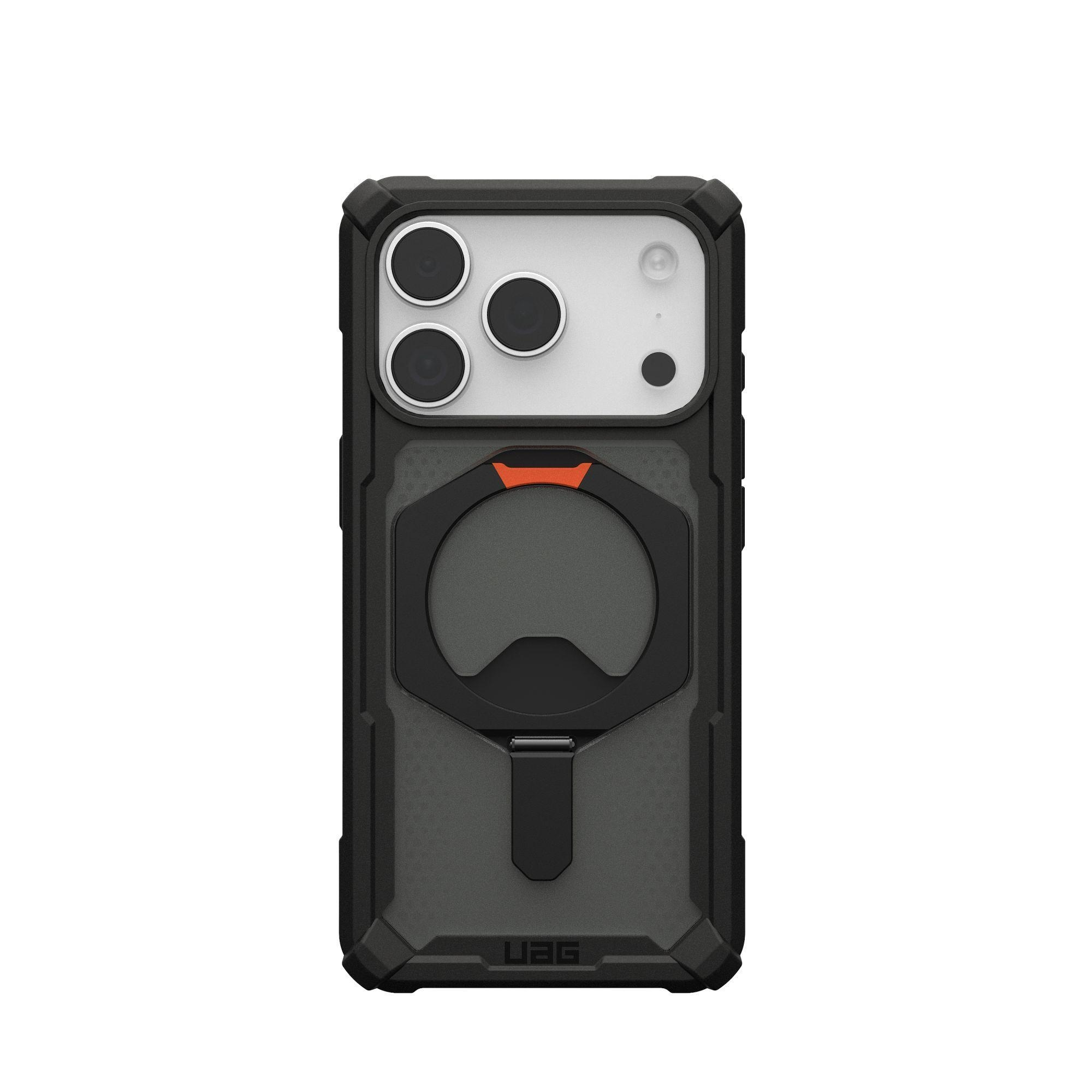 Una custodia per telefono nera con interno grigio, accento arancione e un apribottiglie.