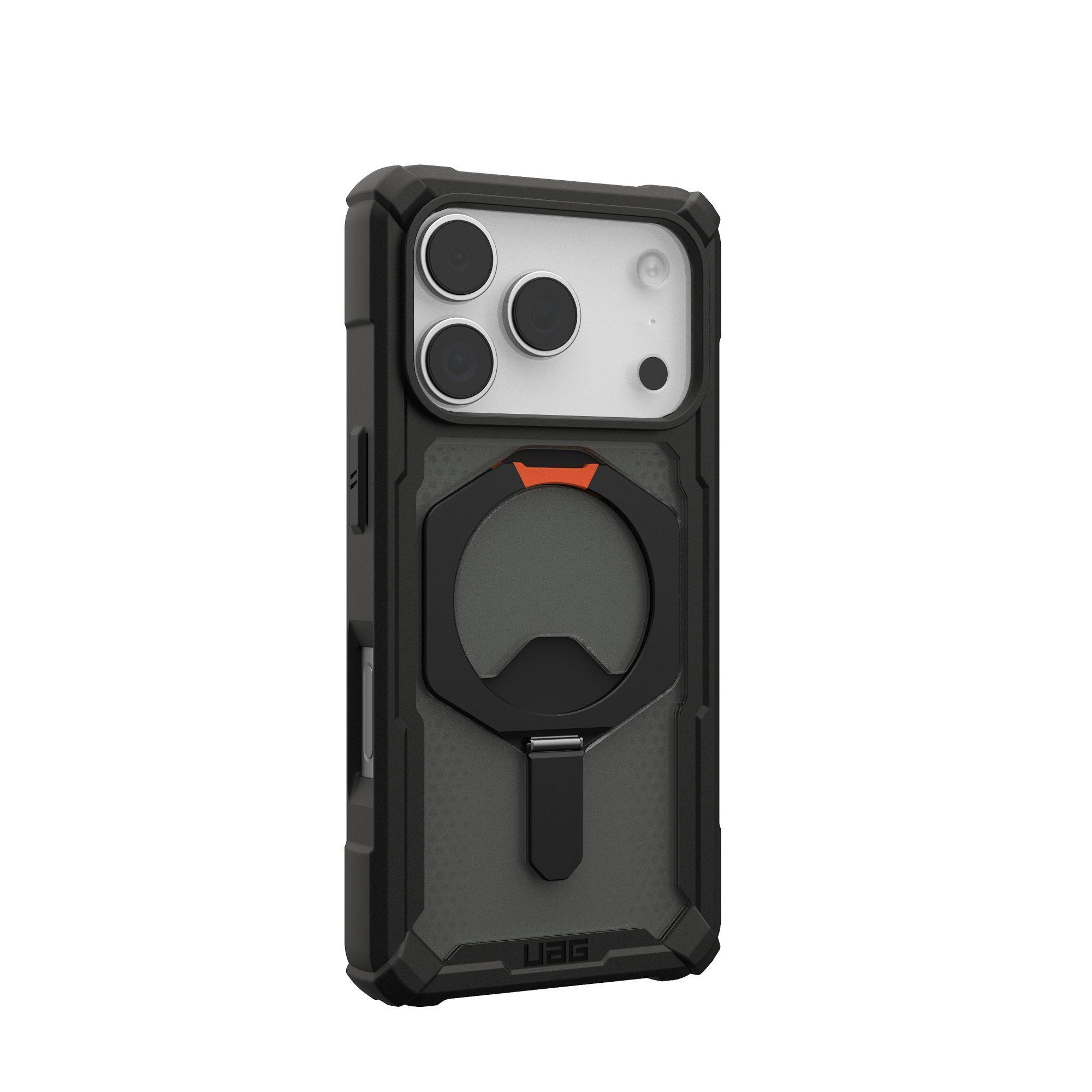 Custodia nera per telefono con ritaglio per fotocamera e supporto ad anello. Design robusto con logo UAG in basso.