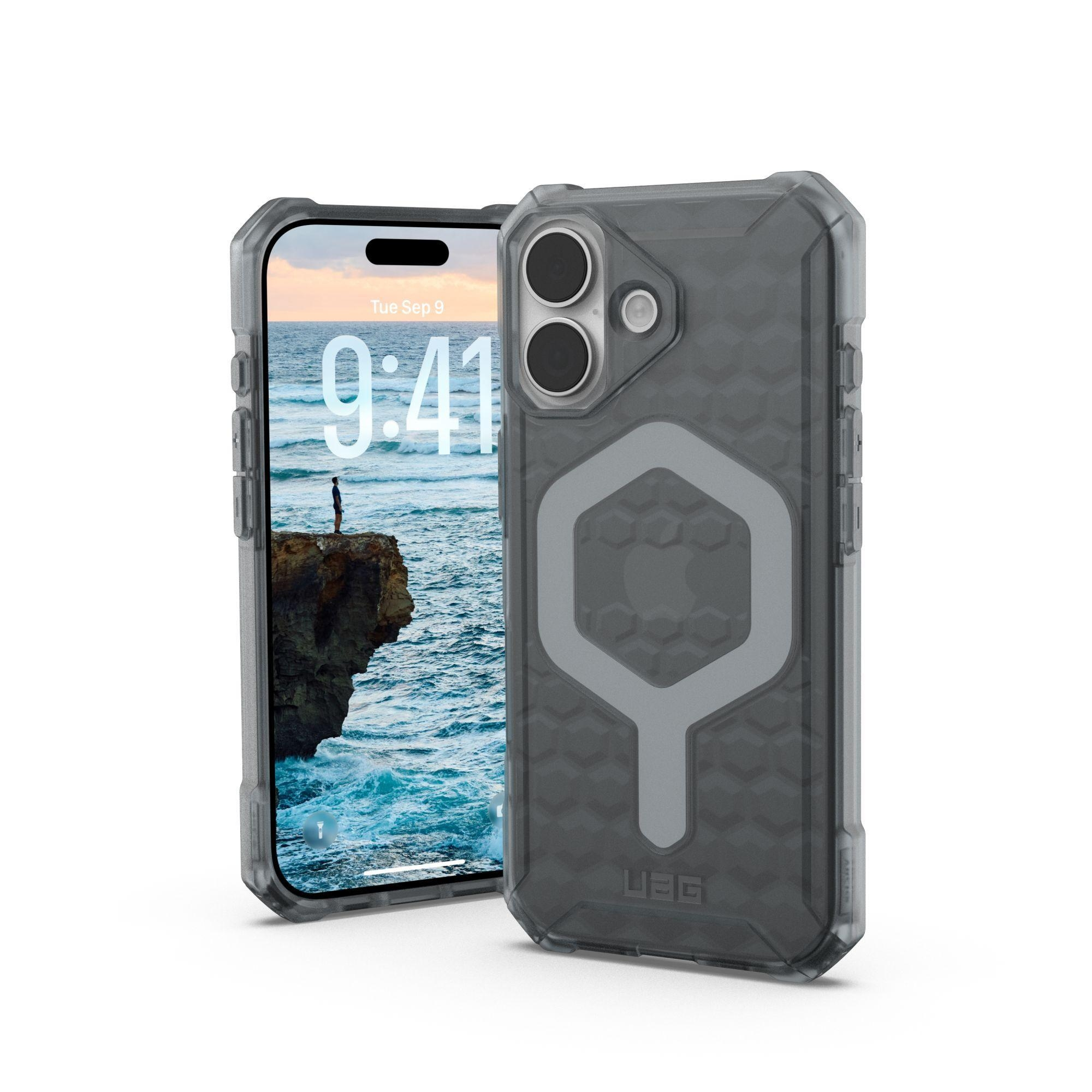 Zwei Telefone in Hüllen. Eines zeigt eine Klippenszene. Das andere zeigt die Rückseite mit Hexagonmuster und UAG-Logo.