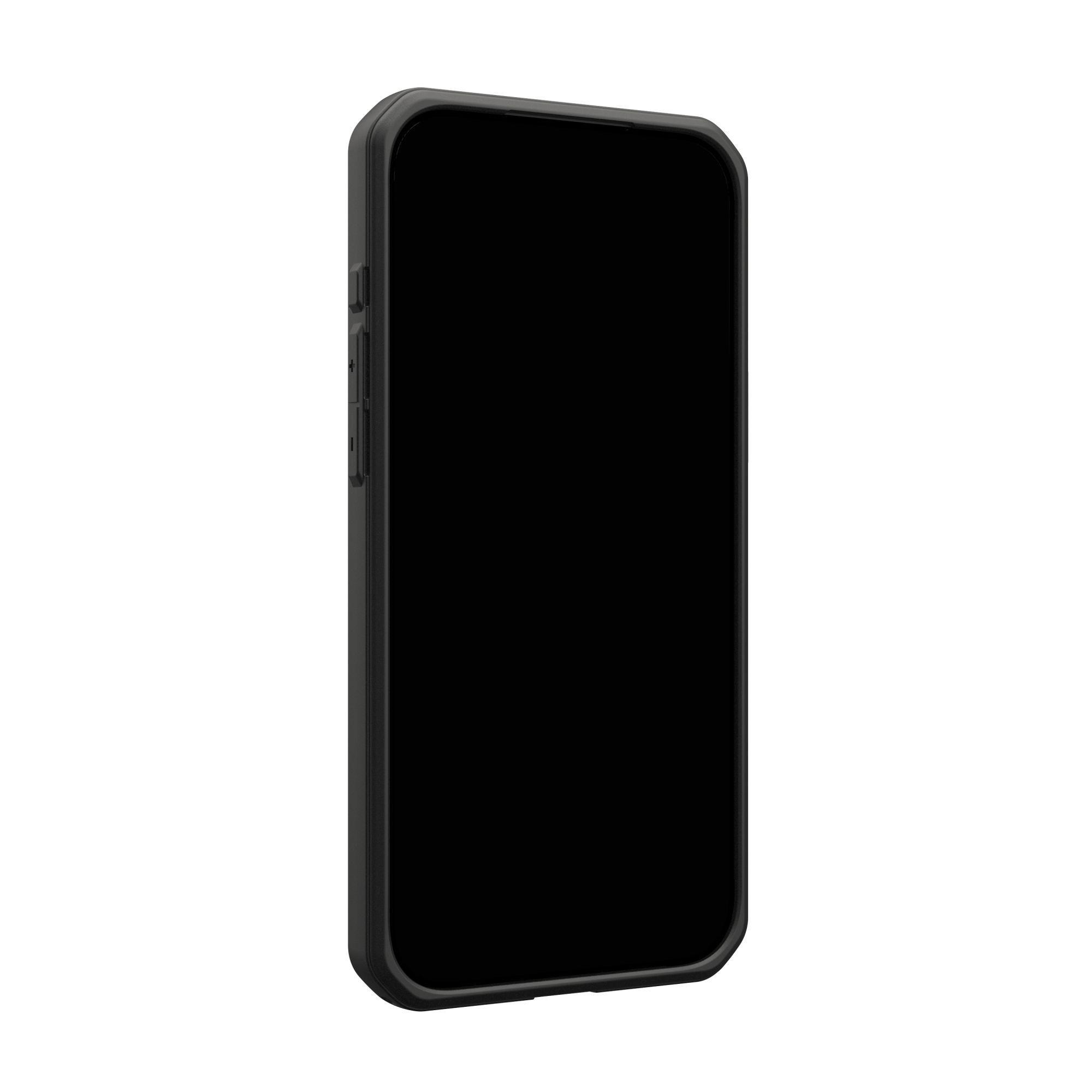 Ein schwarzes Smartphone mit schwarzem Gehäuse vor weißem Hintergrund.