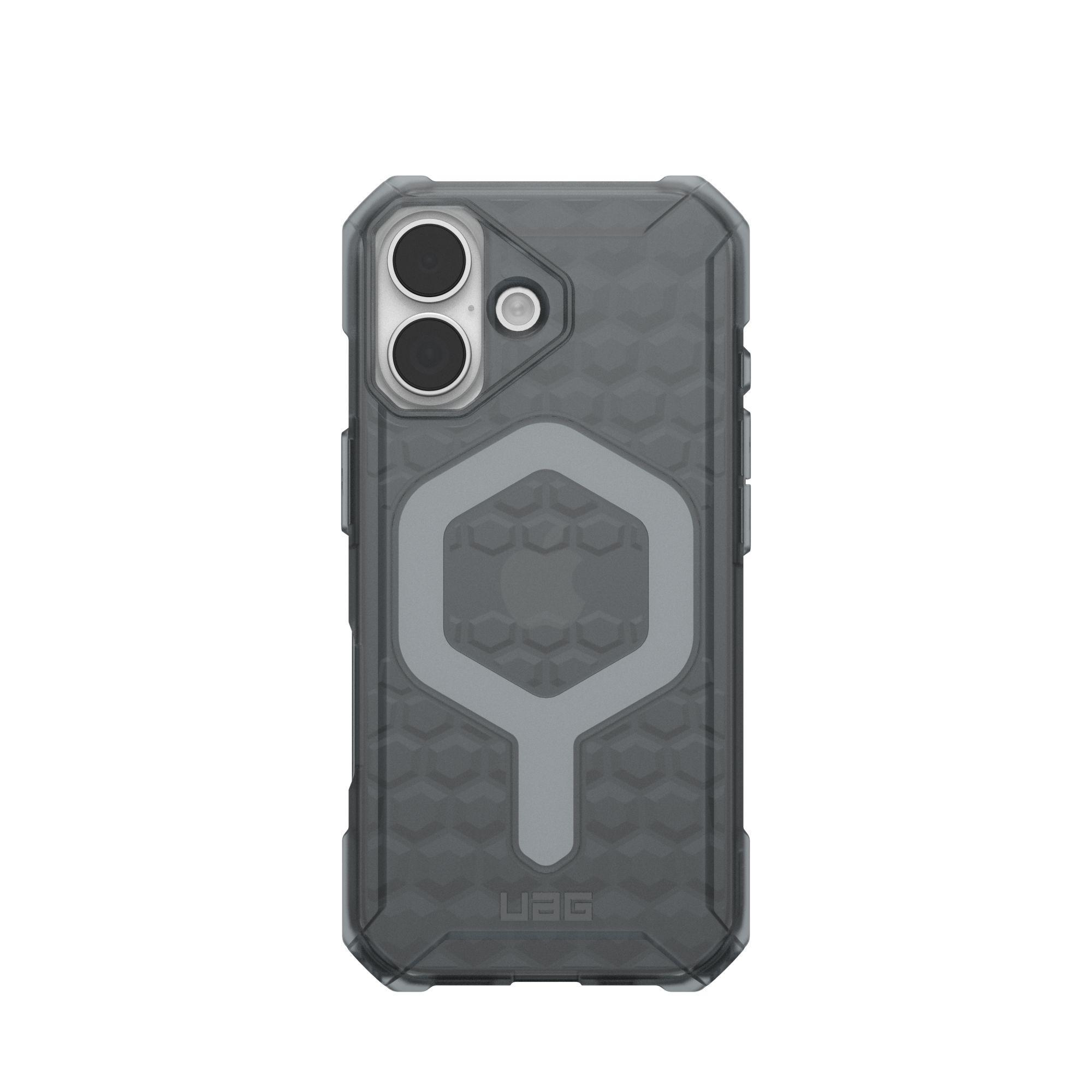 Graue Handyhülle mit sechseckigem Design und Kameraausschnitten. Das UAG-Logo befindet sich unten.