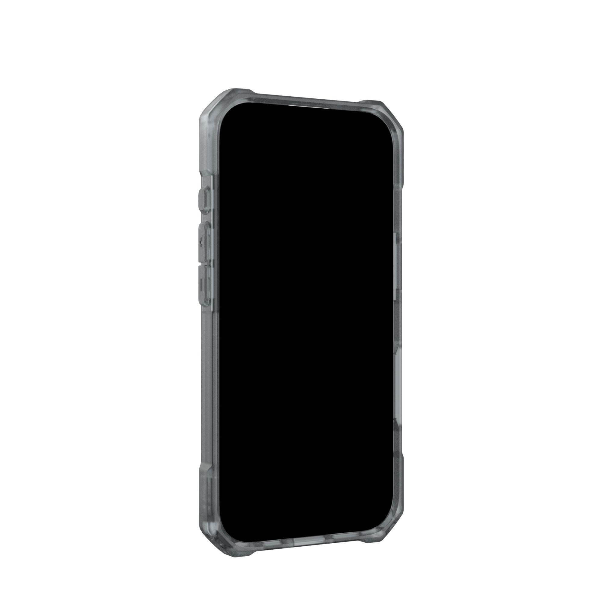 Ein Smartphone in einer transparenten Schutzhülle vor weißem Hintergrund. Der Bildschirm ist schwarz.