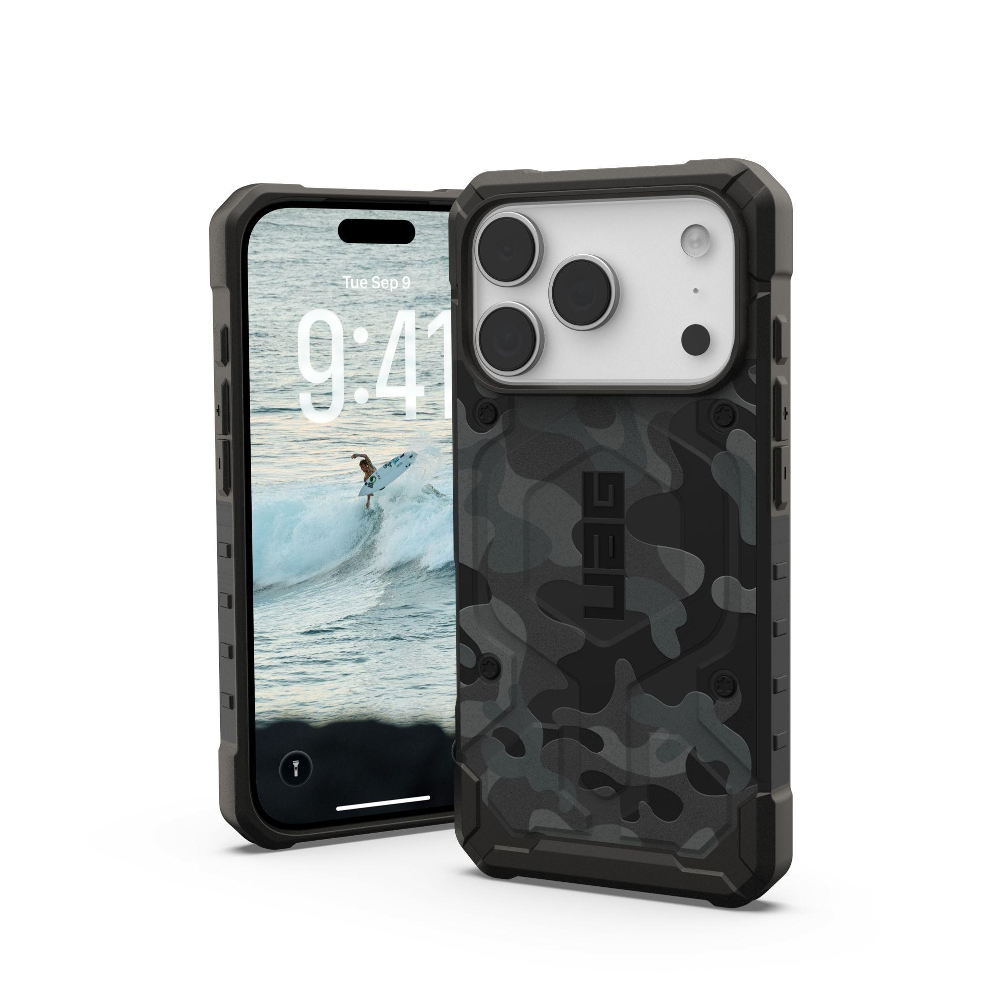 Zwei Telefone. Eines zeigt einen Surfer, das andere eine schwarze Camouflage-Hülle. Beide stehen auf weißem Untergrund.