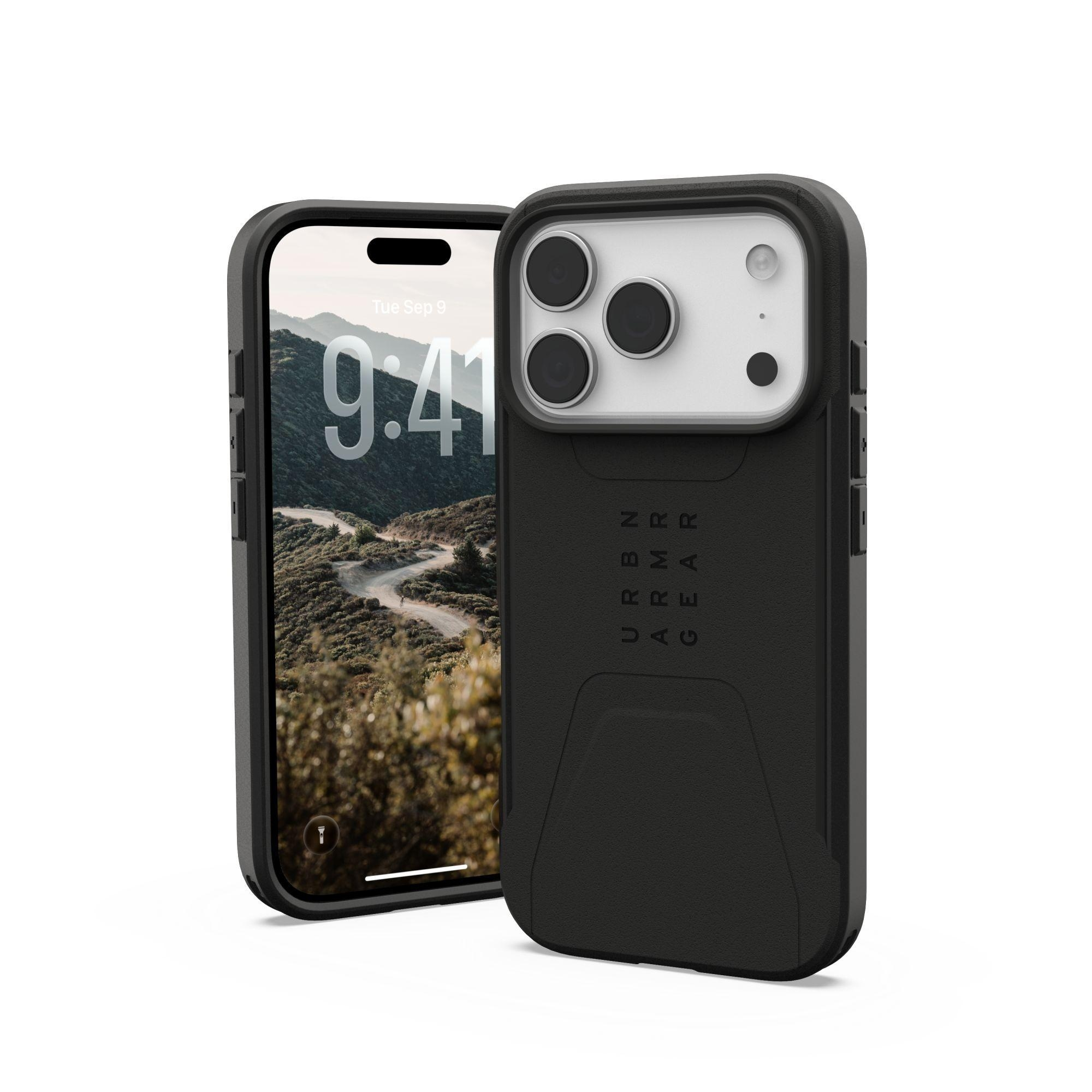 Twee iPhones met hoesjes. Eén toont een berglandschap, de ander een zwarte hoes met het Urban Armor Gear logo.