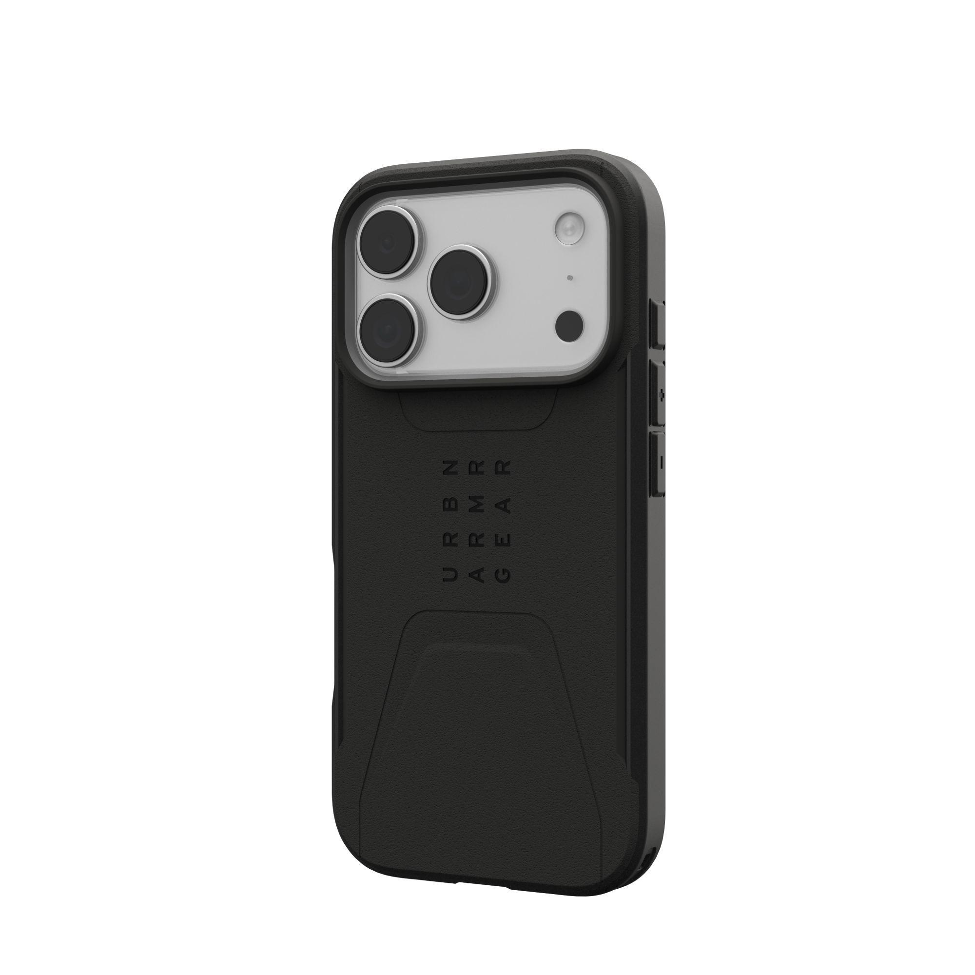Zwarte telefoonhoes met camera-uitsparingen. De hoes heeft de woorden 'URBN ARMOR GEAR' in een verticale rij.