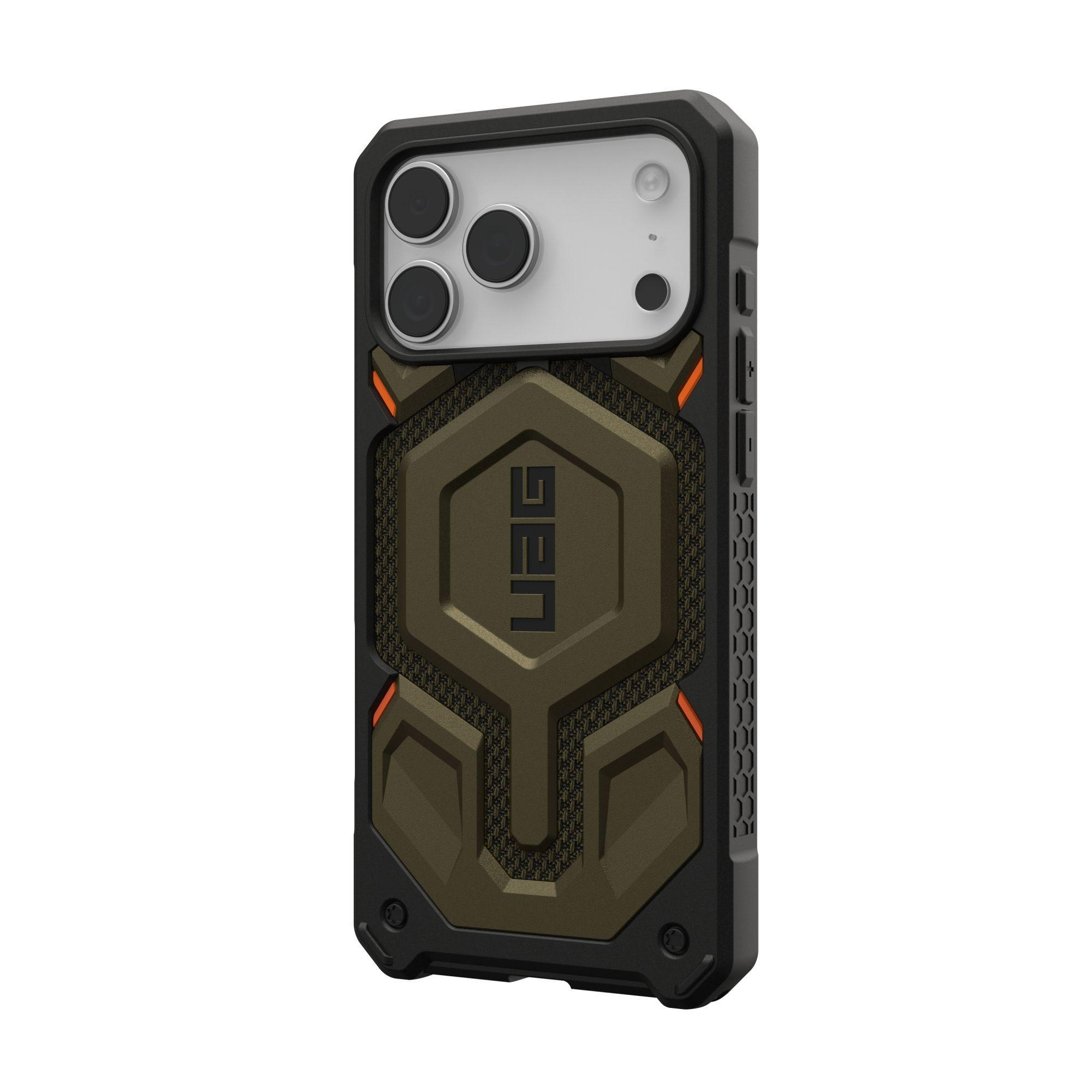 Una funda para teléfono con diseño negro y verde oliva. La funda tiene el logotipo de UAG y un recorte para la cámara.