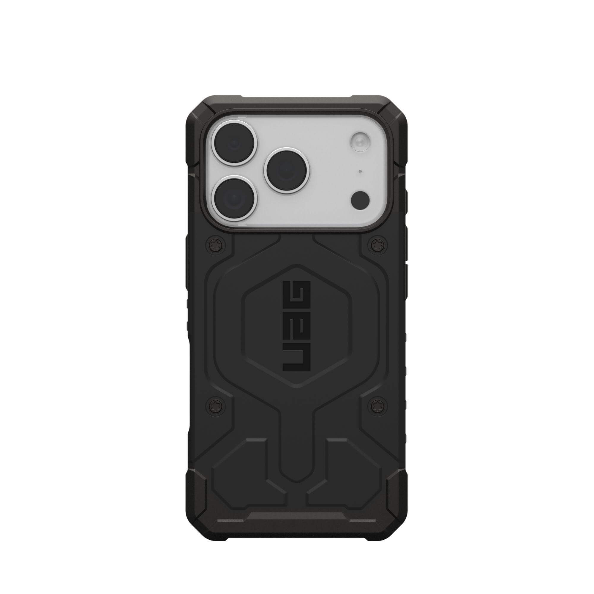 Schwarze Handyhülle mit UAG-Logo, mehreren Kameralinsen und robustem Design.