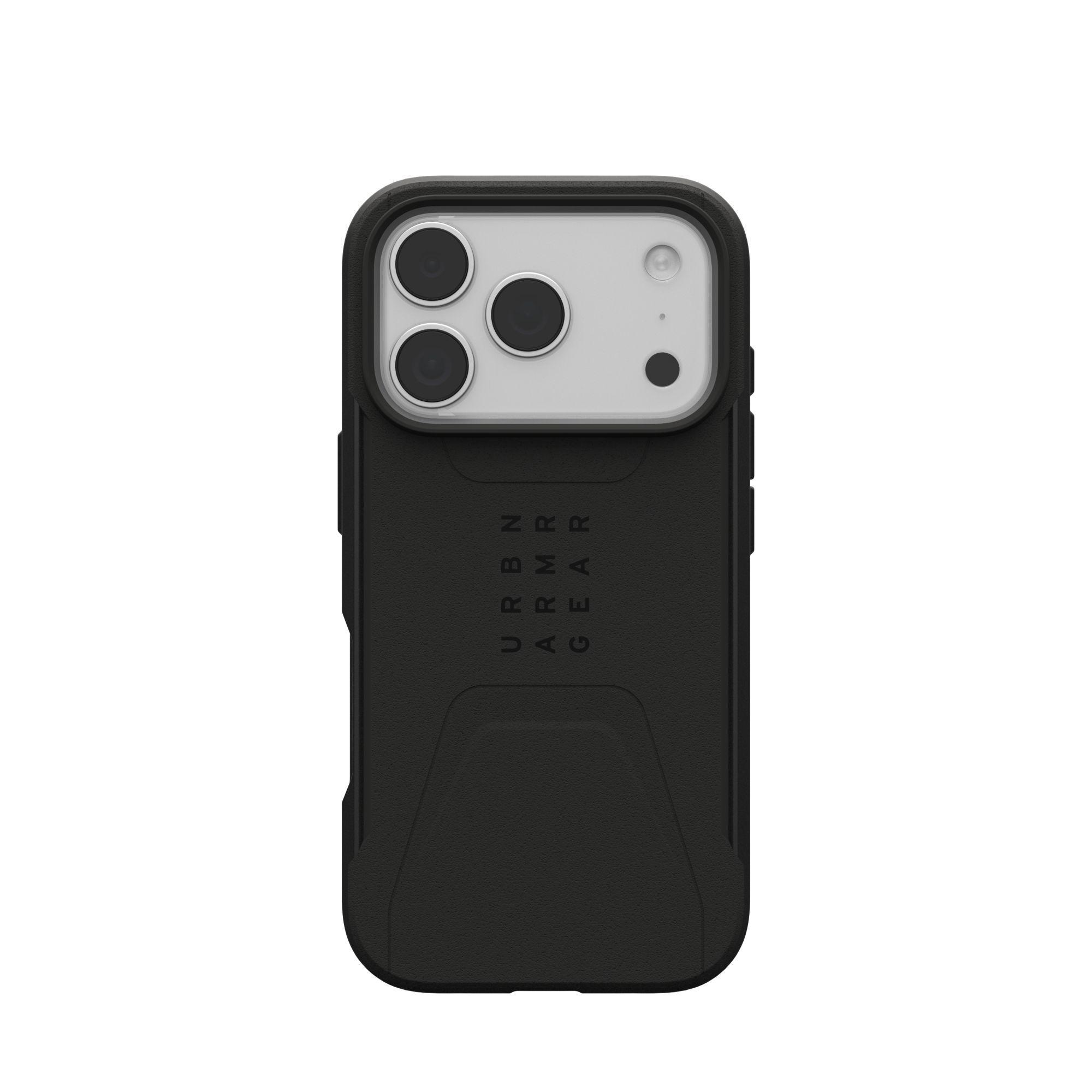 Zwarte telefoonhoes met uitsparingen voor de camera en merknaam URBN ARMOR GEAR. De achtergrond is wit.