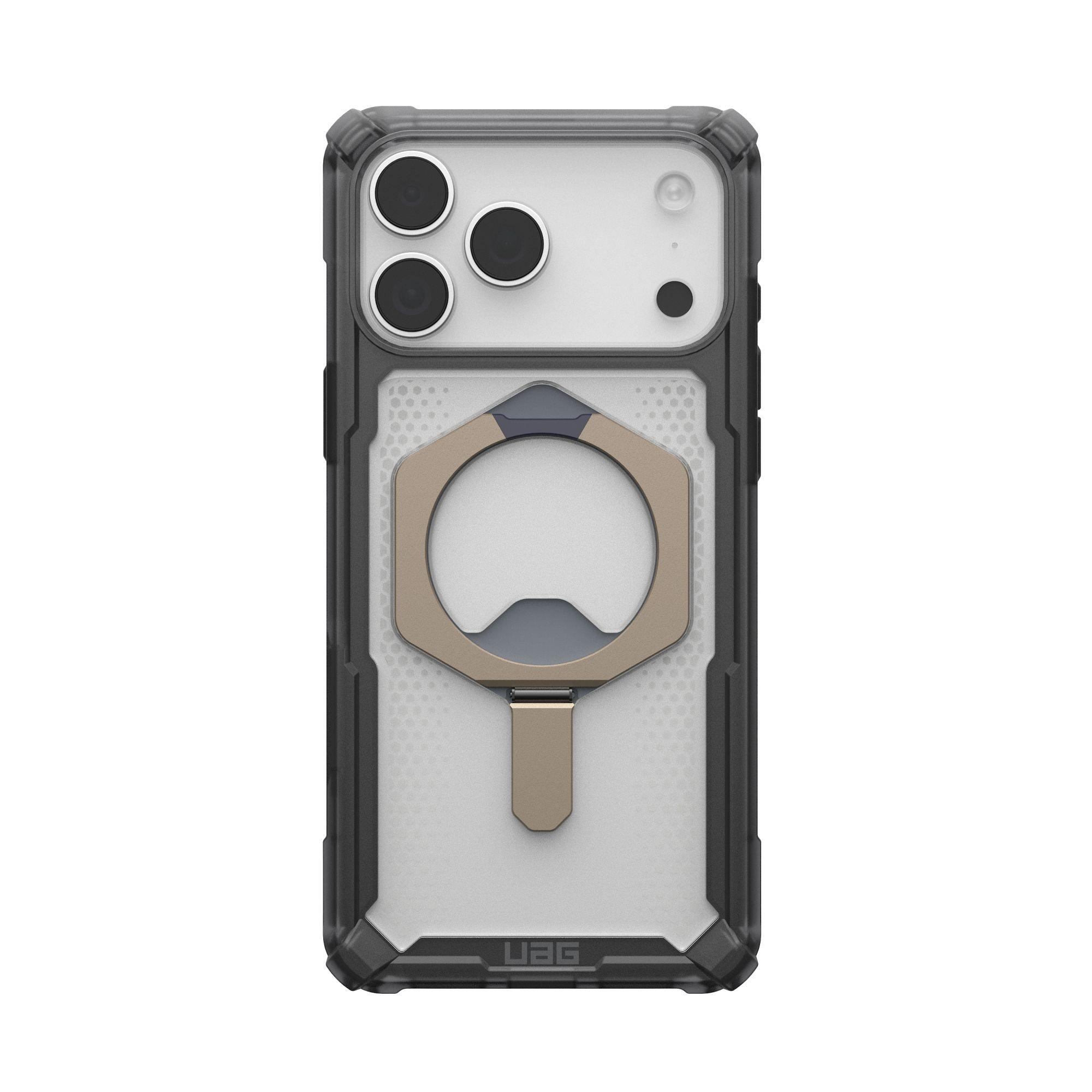 Una custodia per telefono con ritaglio per la fotocamera. È dotata di un apribottiglie. La custodia è nera e beige.