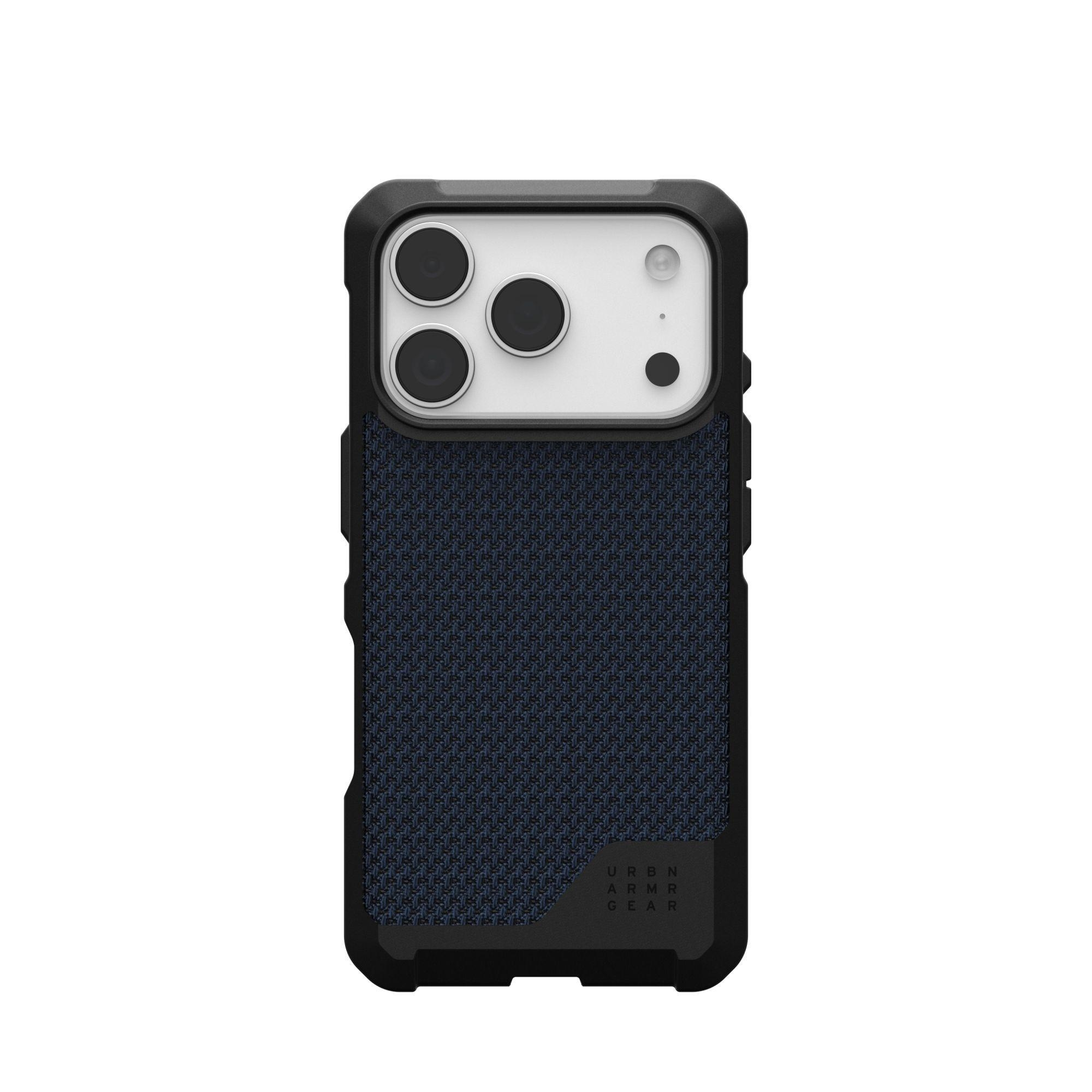 Una funda para iPhone con marco negro, centro azul texturizado y recorte para la cámara. La parte inferior tiene el texto URBN ARMOR GEAR.