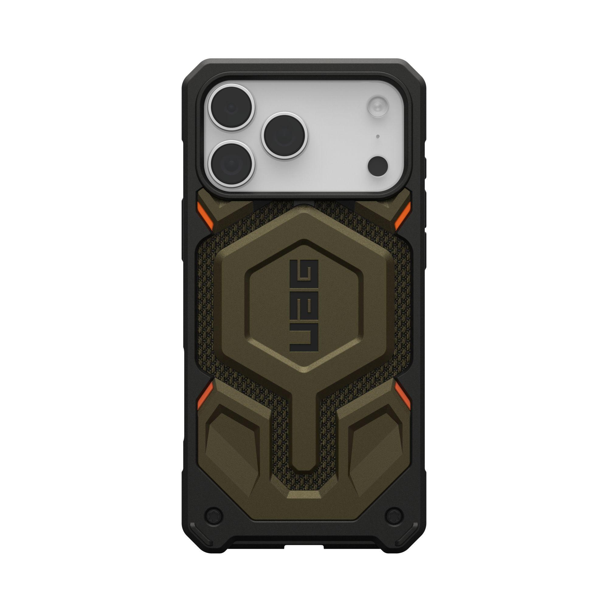 Funda de teléfono con detalles negros, verde oliva y naranja. Tiene un patrón hexagonal y la marca UAG.